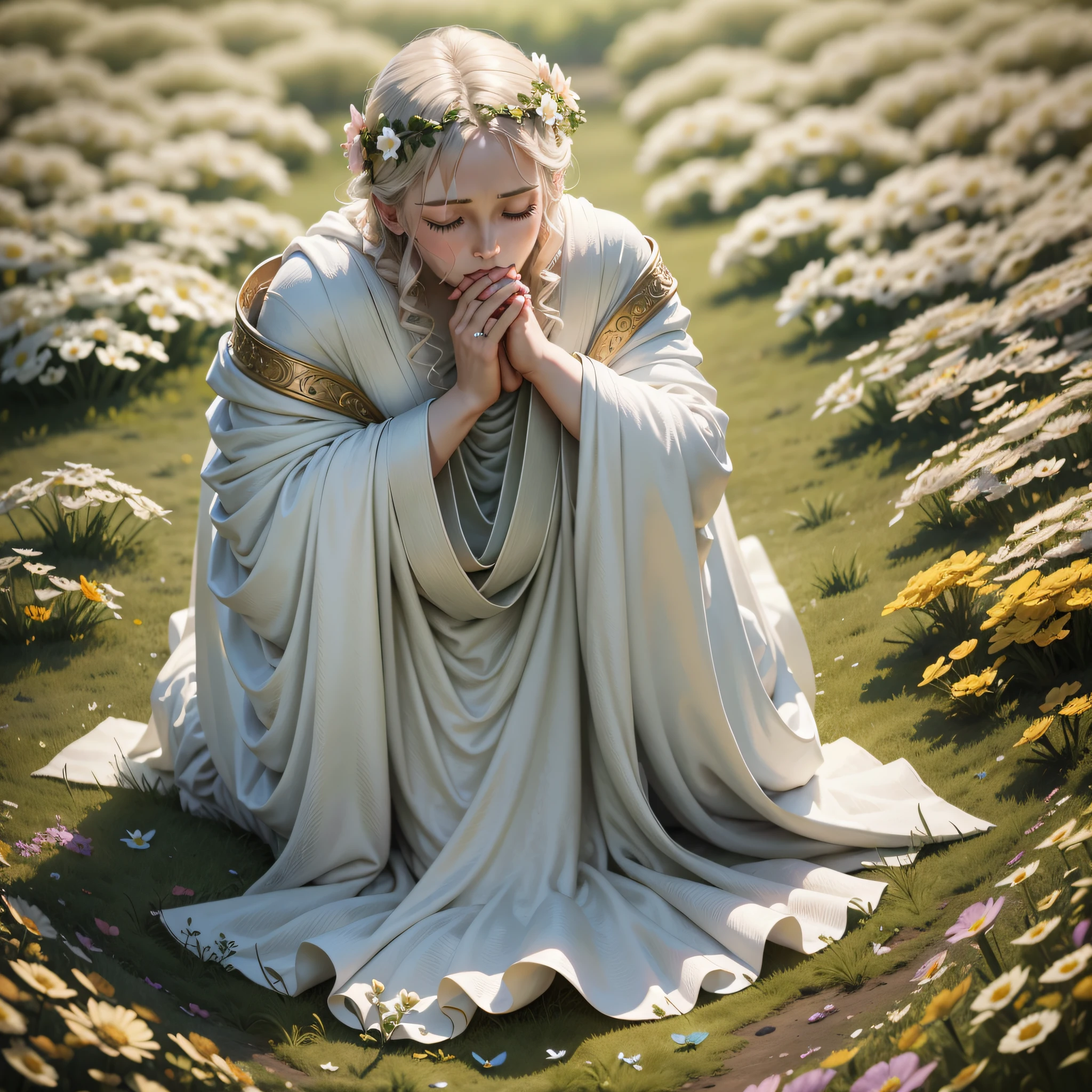 kneeling body draped in robes and sheet, as a baroque stone statue on the grass in the flowery park, difuse lighting, shy, scared, praying, half-closed eyes, cinematic lighting, view from bottom, anatomically correct, super detail