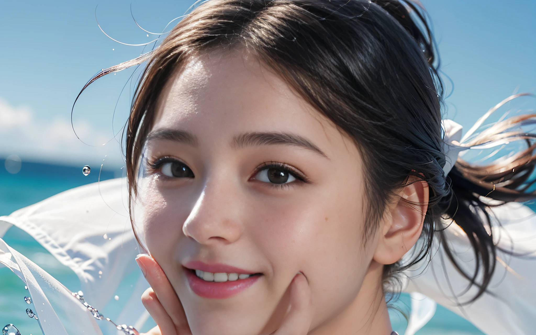 Masterpiece, Top Quality, Fine Definition, High Resolution, Spirit Color, One Girl, 14 Years Old Cute Woman, Wet Thin Fabric Swimsuit, (Super Big: 2.9), Face Up, (Head to Chest: 2.9), Wet and Sheer White Micro Bikini, White Micro Bikini Somed in Gel, Solo, Big Breasts, Very Cute Lips, Cleavage, Black Hair Blown by the Real Wind, Short Hair, Laughing Face, Navel, Sun, Side Tie bikini, sky, cloud, smile, black eyes, teeth, face closeup, translucent white bikini