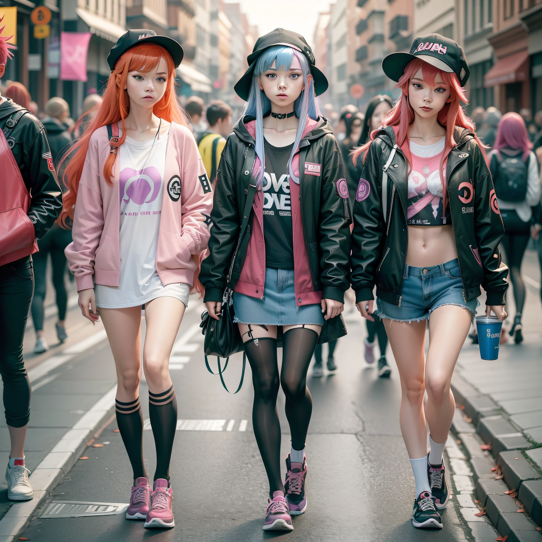 A woman with red hair, a girl with long blue hair, a girl with pink hair with bangs, in a row, with clothes the color of the LGBT Flag on a busy street, LGBT posters, demonstration, by day