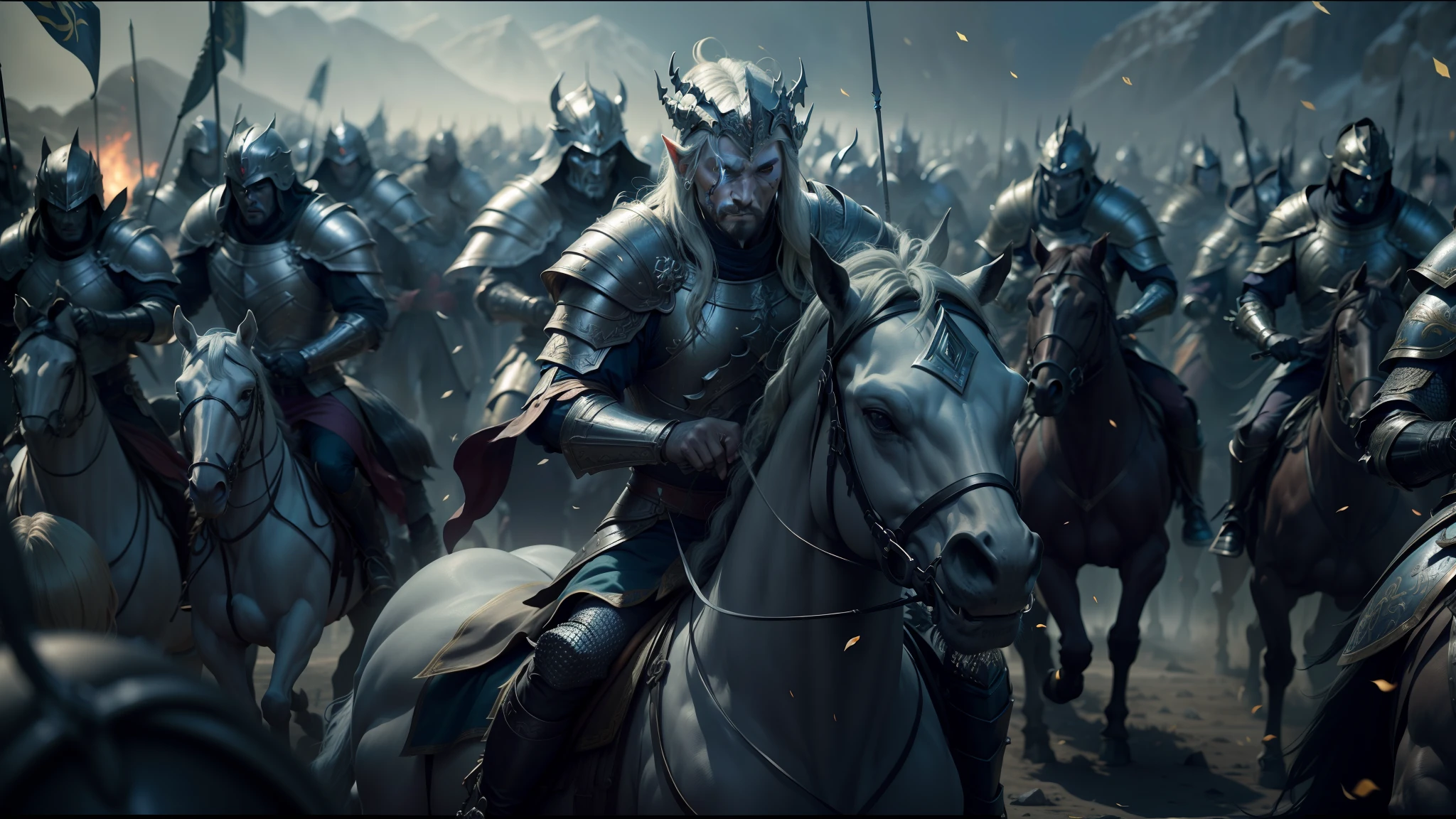 arafed image of a group of men in armor riding horses, cate blanchett as galadriel, yanjun chengt, still frame from a movie, undead soldiers in background, animation film, menacing orc, inspired by Huang Guangjian, colorgrading, promotional images, pale pointed ears, the king of death