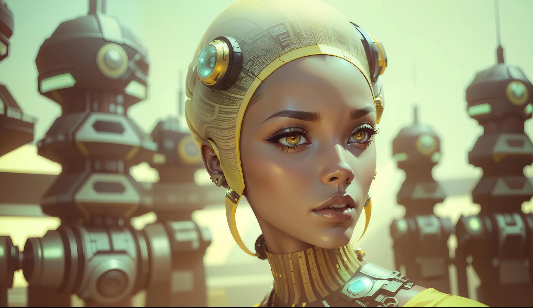 a woman wearing a futuristic headpiece and a yellow dress, cyberpunk art by Bruce Onobrakpeya, featured on cg society, afrofuturism, futuristic, sci-fi, reimagined by industrial light and magic