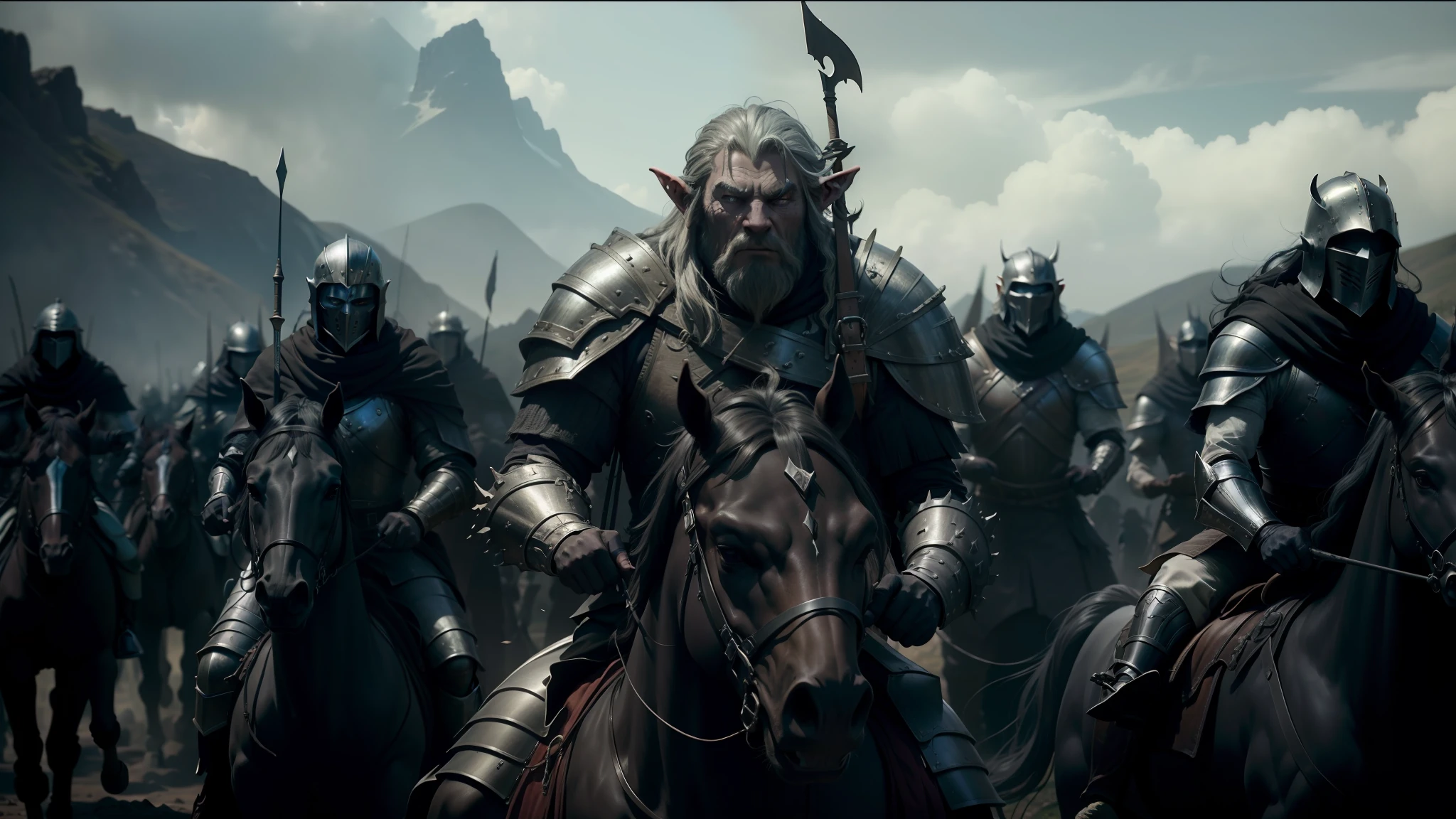 there are many men in armor riding horses in a field, the hobbit orc concept, still frame from a movie, spherical black helmets, wears a light grey crown, cyberpunk black metal band, miners, pvc armor, caravan, movie screenshot, shoulders can be seen, elves, dark garments