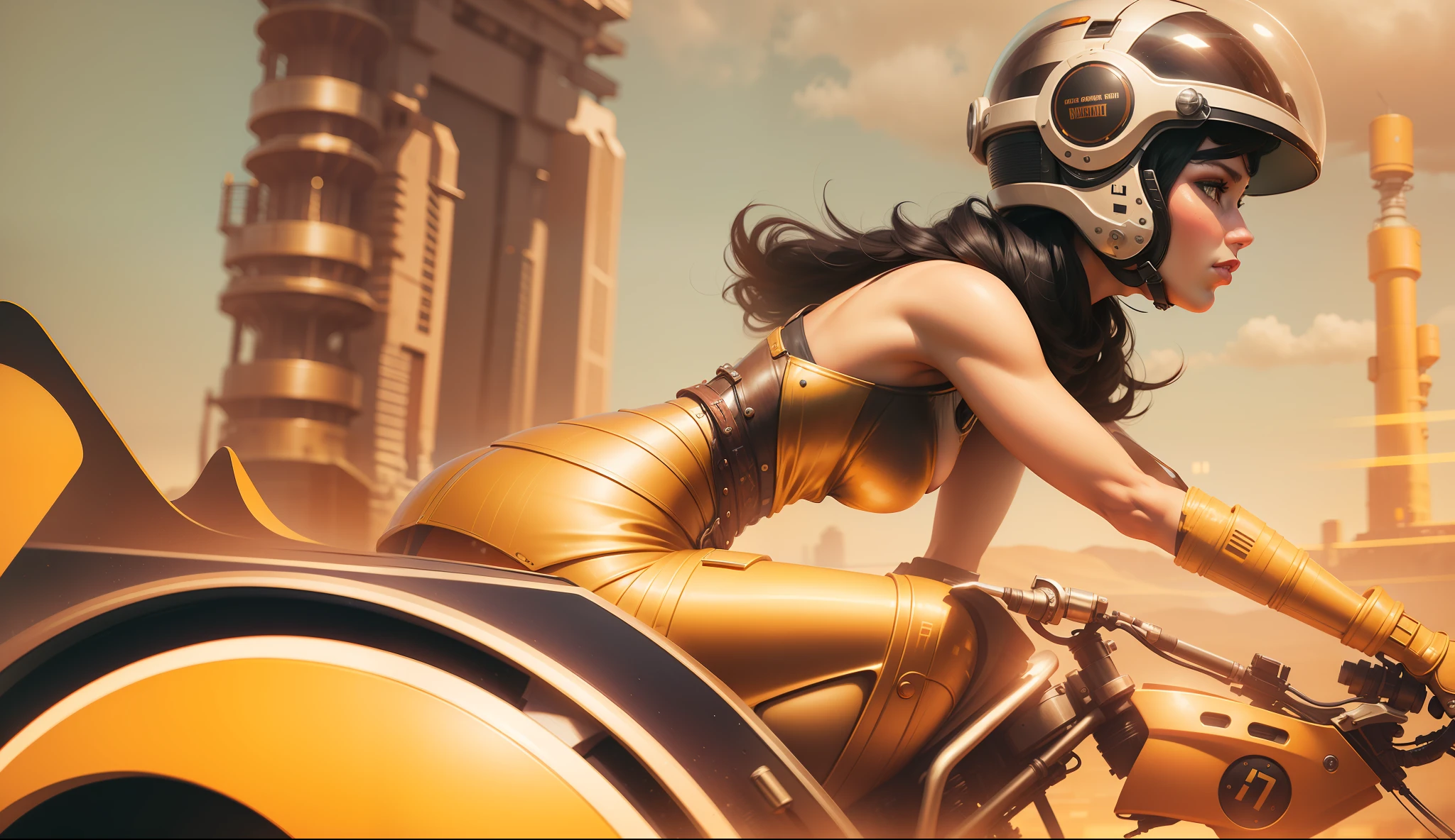 a woman riding a motorcycle with a helmet on, a matte painting by Jason A. Engle, featured on cg society, retrofuturism, steampunk, reimagined by industrial light and magic, behance hd