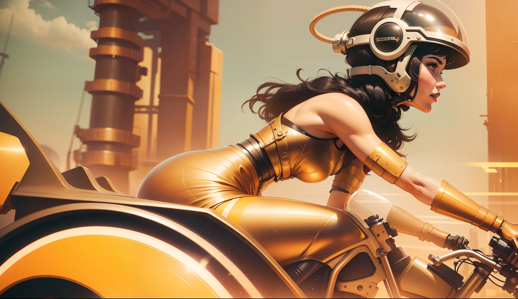 a woman riding a motorcycle with a helmet on, a matte painting by Jason A. Engle, featured on cg society, retrofuturism, steampunk, reimagined by industrial light and magic, behance hd