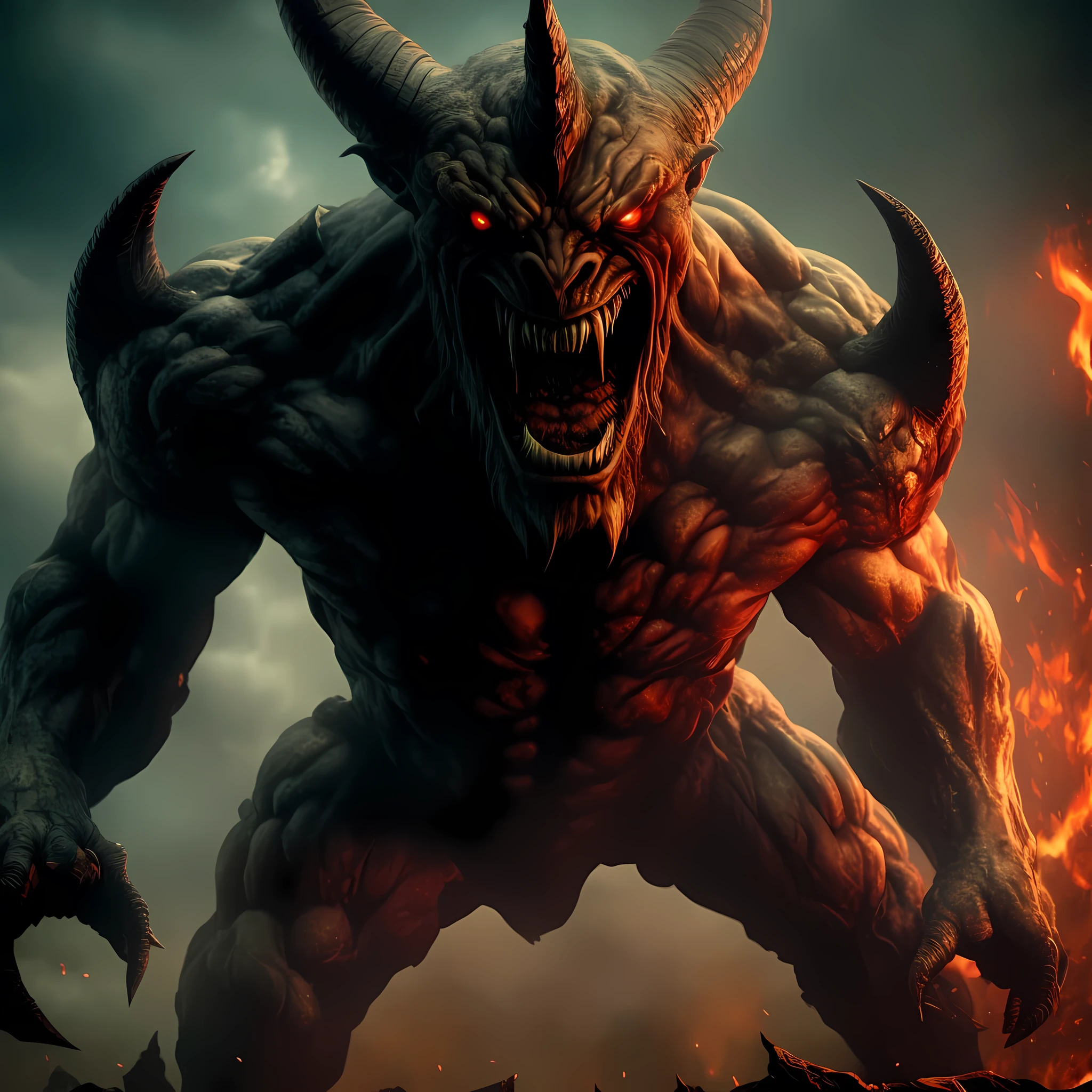 demonic looking demon with red eyes and huge horns in a dark sky, minotaur from path of exile, doom demon, one a demon-like creature, one a demon - like creature, muscled humanoid balrog demon, demonic monster, demon berserker, fat ripped satanic creature, demonic creature, fit male demon with white horns, demon lord, satan in hell