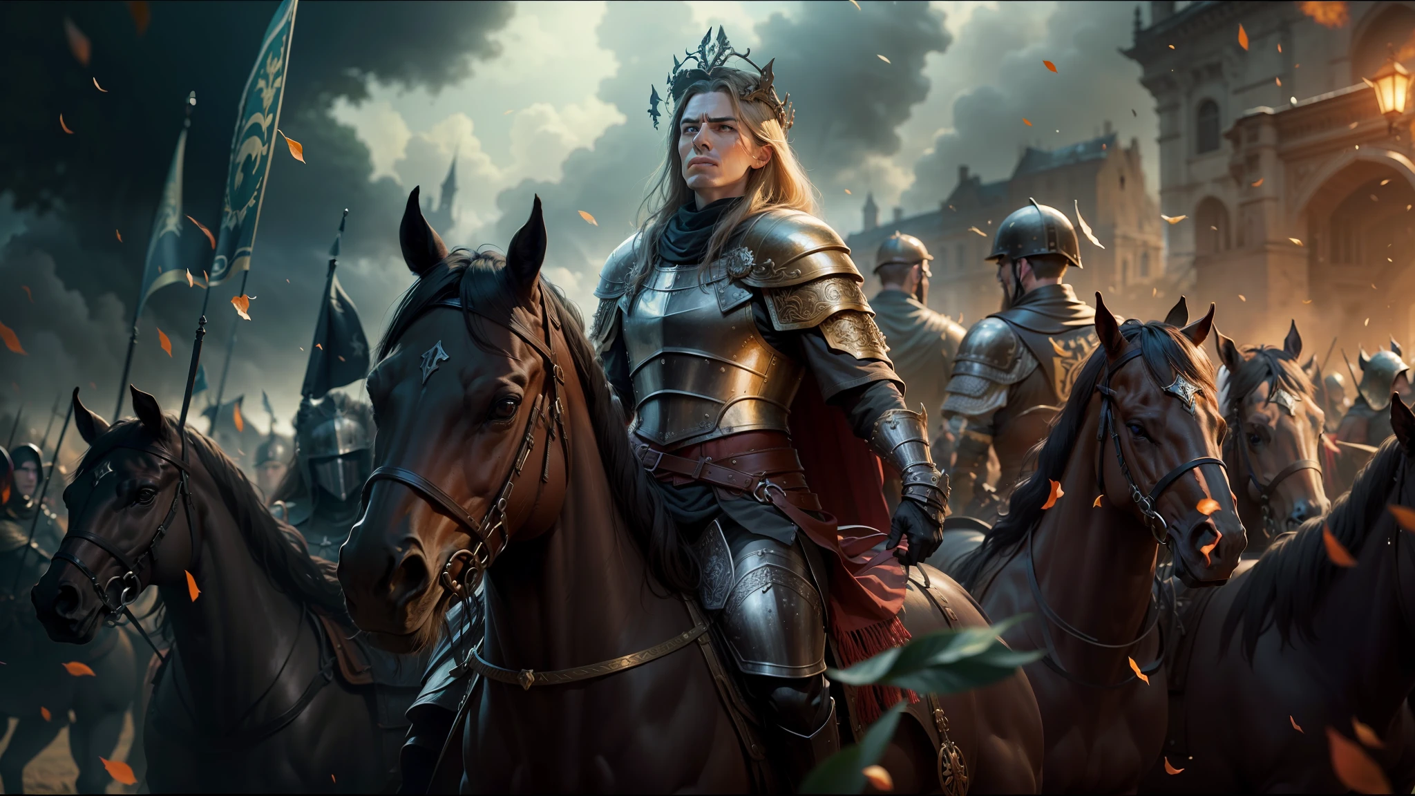 a close up of a group of people riding horses in a field, elden ring cinematic lighting, heavy metal band promo, inspired by Kazimierz Wojniakowski, hd screenshot, clothed in military armor, keyframe, helltaker, without text, holy crusader, wolfenstein, by Vladimír Vašíček, 1 0 0 ad