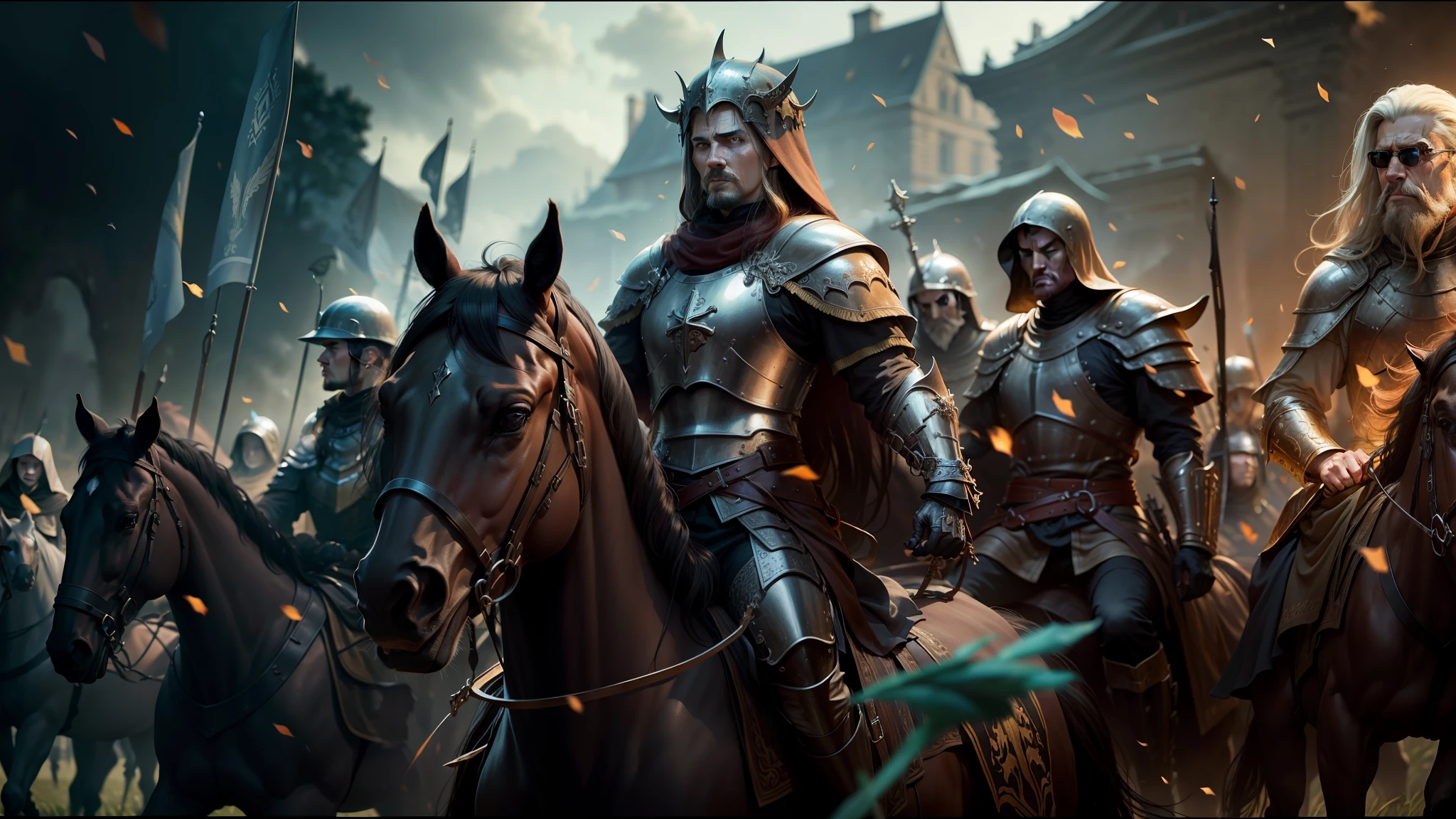 a close up of a group of people riding horses in a field, elden ring cinematic lighting, heavy metal band promo, inspired by Kazimierz Wojniakowski, hd screenshot, clothed in military armor, keyframe, helltaker, without text, holy crusader, wolfenstein, by Vladimír Vašíček, 1 0 0 ad