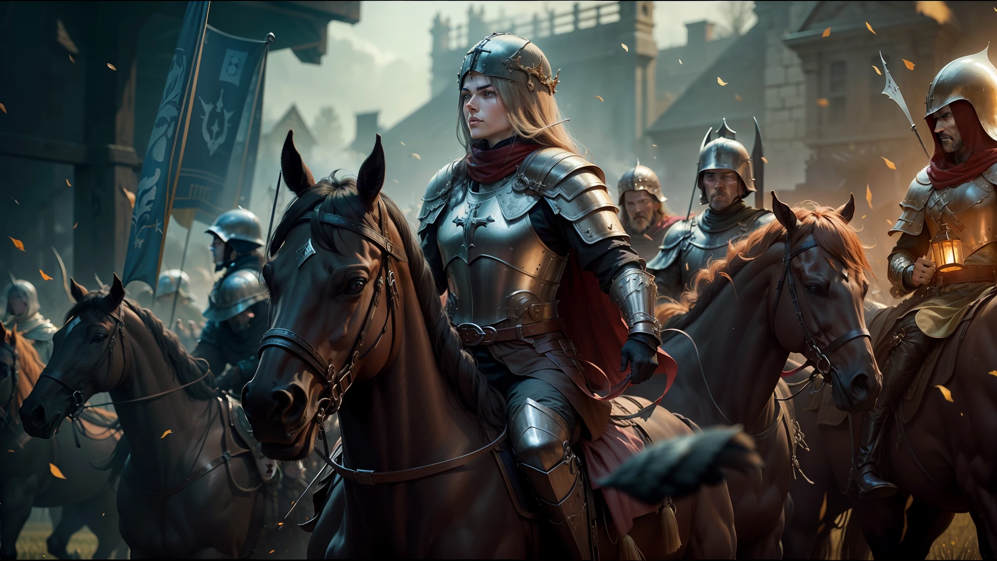 a close up of a group of people riding horses in a field, elden ring cinematic lighting, heavy metal band promo, inspired by Kazimierz Wojniakowski, hd screenshot, clothed in military armor, keyframe, helltaker, without text, holy crusader, wolfenstein, by Vladimír Vašíček, 1 0 0 ad