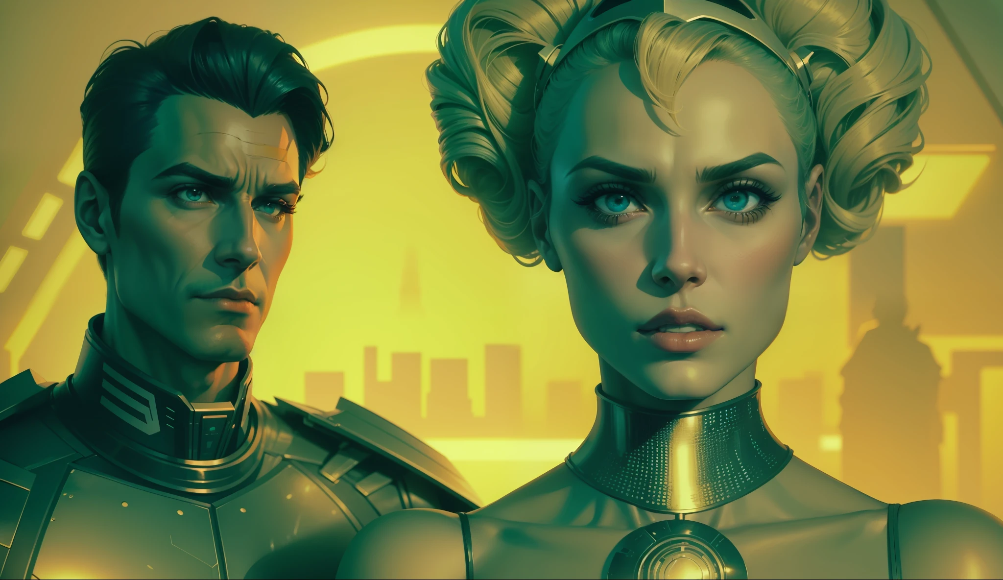 a man and a woman in costumes standing next to each other, a comic book panel by Jan Tengnagel, cgsociety, retrofuturism, reimagined by industrial light and magic, #vfxfriday, cinematic