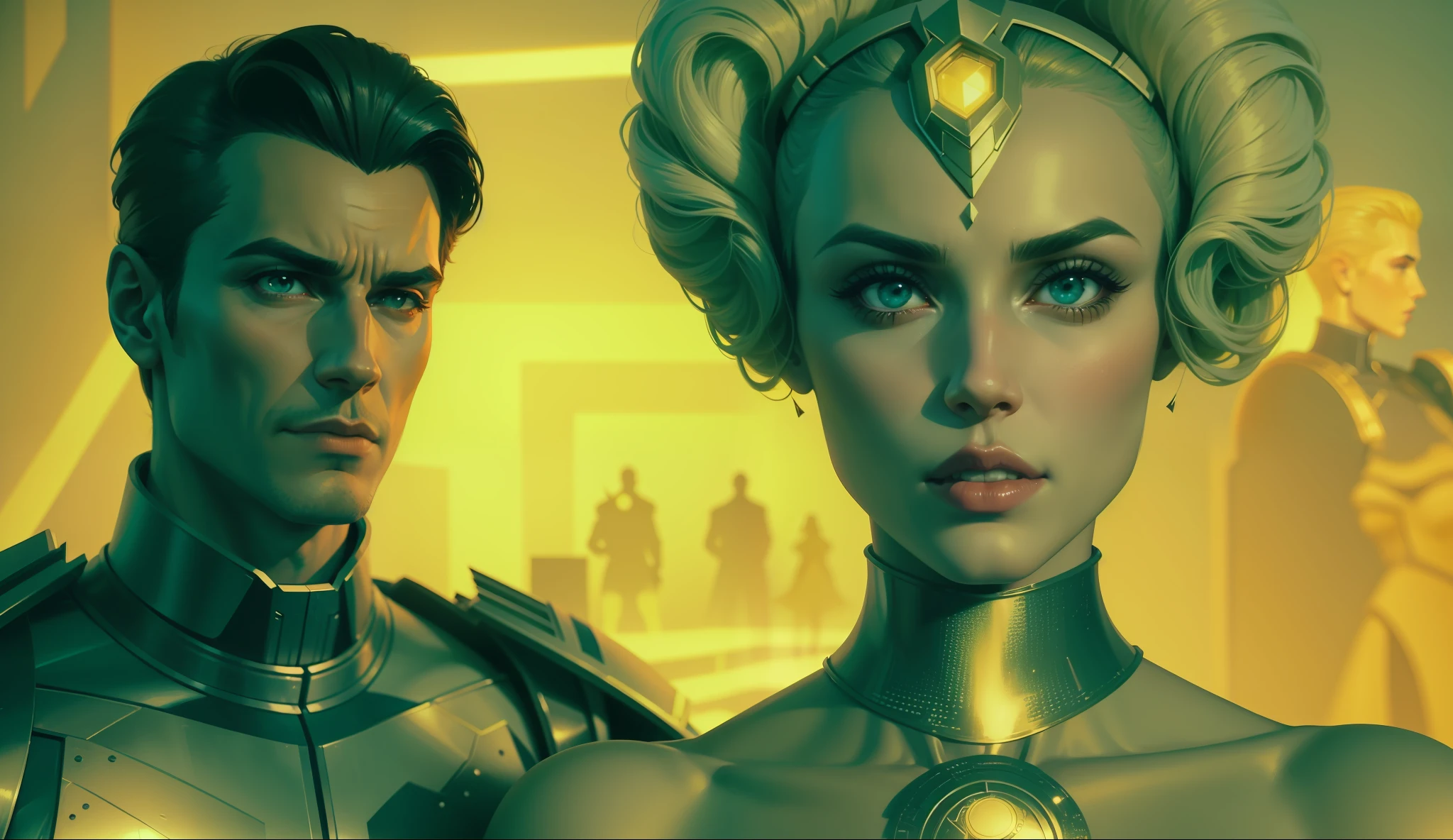 a man and a woman in costumes standing next to each other, a comic book panel by Jan Tengnagel, cgsociety, retrofuturism, reimagined by industrial light and magic, #vfxfriday, cinematic