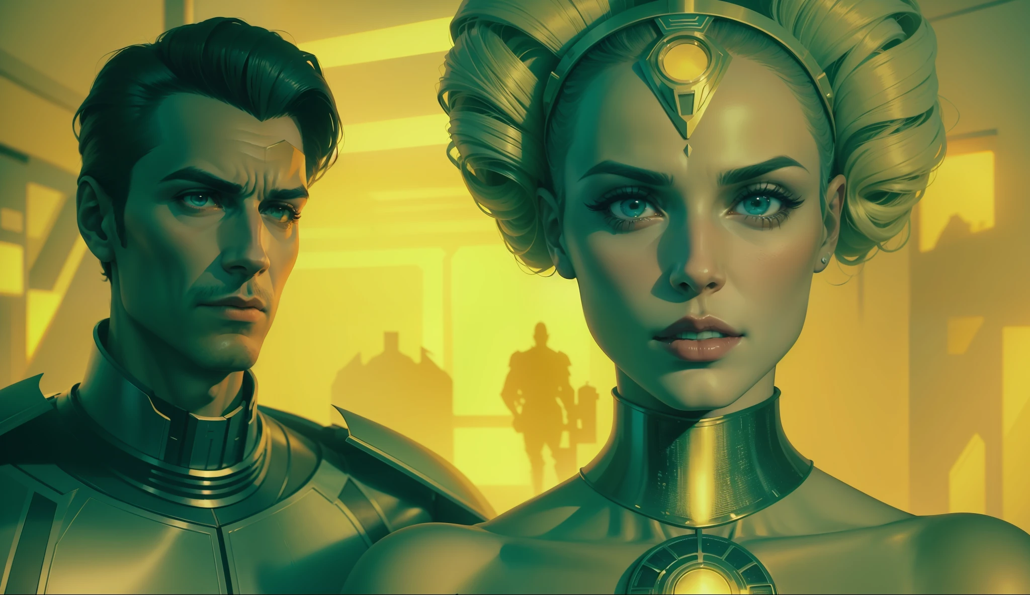 a man and a woman in costumes standing next to each other, a comic book panel by Jan Tengnagel, cgsociety, retrofuturism, reimagined by industrial light and magic, #vfxfriday, cinematic