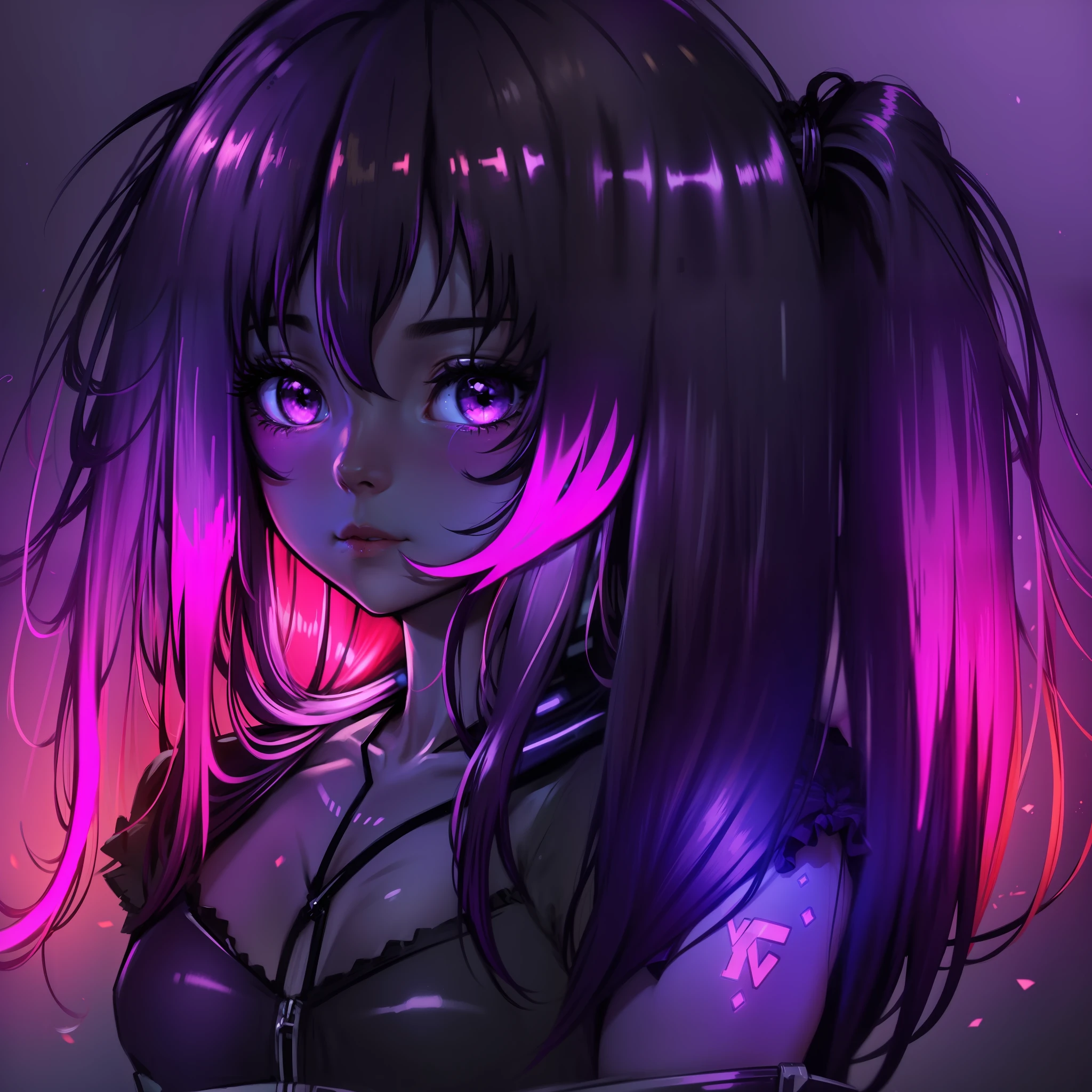 long hair beautiful girl anime hair flouresente hair shinier, color purple neon orange neon