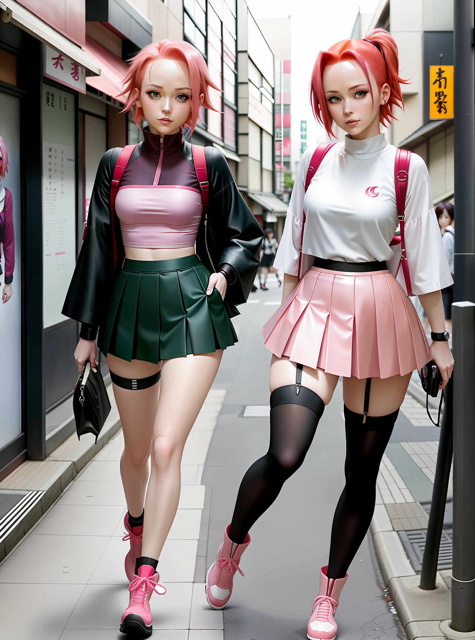 Sakura Haruno, seductive, ((forehead show)), attractive, sexy eyes, red hair, pink hair, delicate, young, short hair, detailed face, high resolution, full body, green eyes, from Naruto, clothes short white pleated skirt, stockings and boots on the legs, background sunny day, street modern Japan, dynamic pose, going somewhere, unusual camera angle