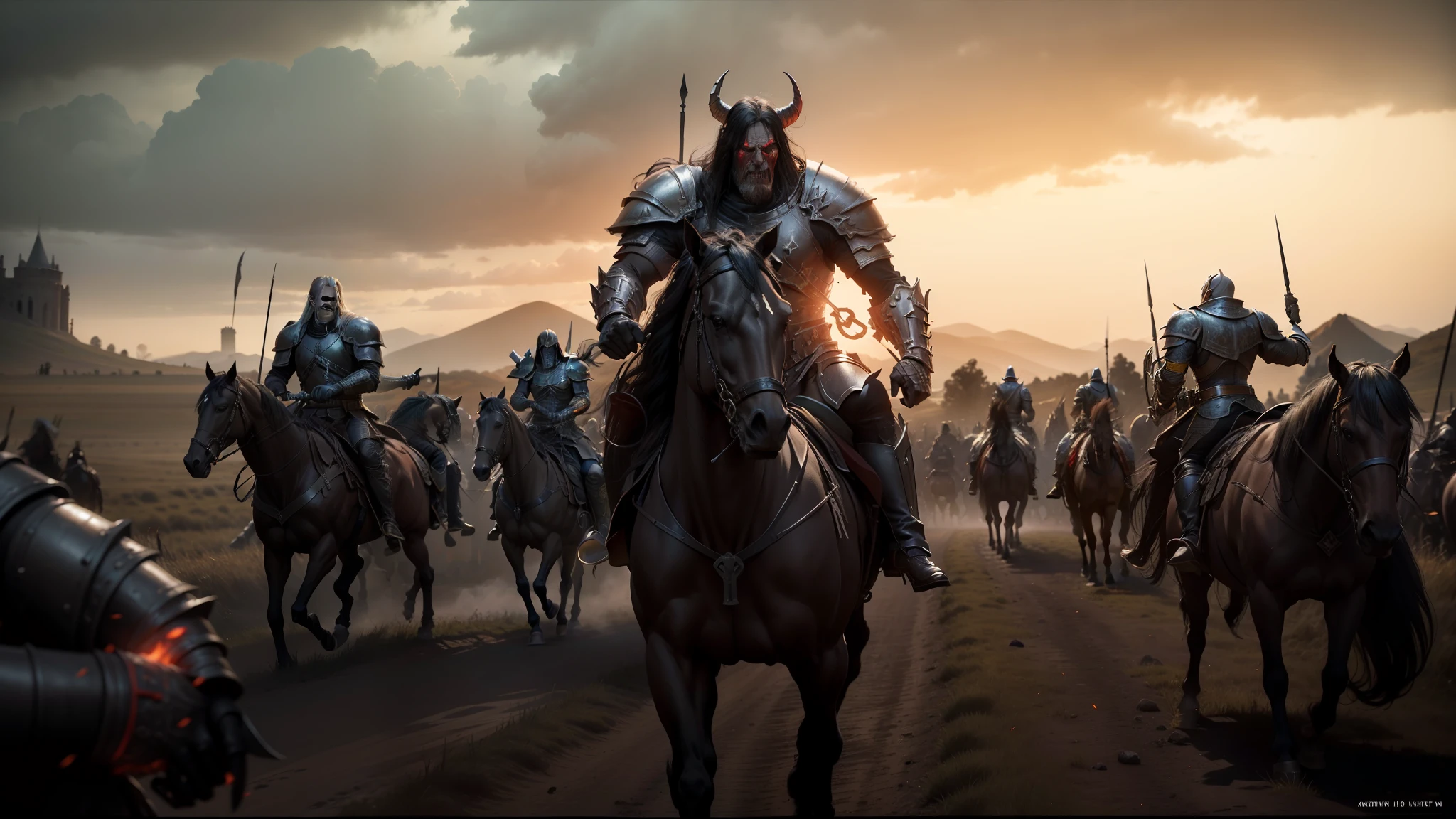 arafed image of a group of people riding horses in a field, elden ring cinematic lighting, undead soldiers in background, heavy metal band promo, animation still screencap, khorne, black shirt underneath armor, an ork, movie trailer, bw 3 d render, rivers of blood, dark castle background