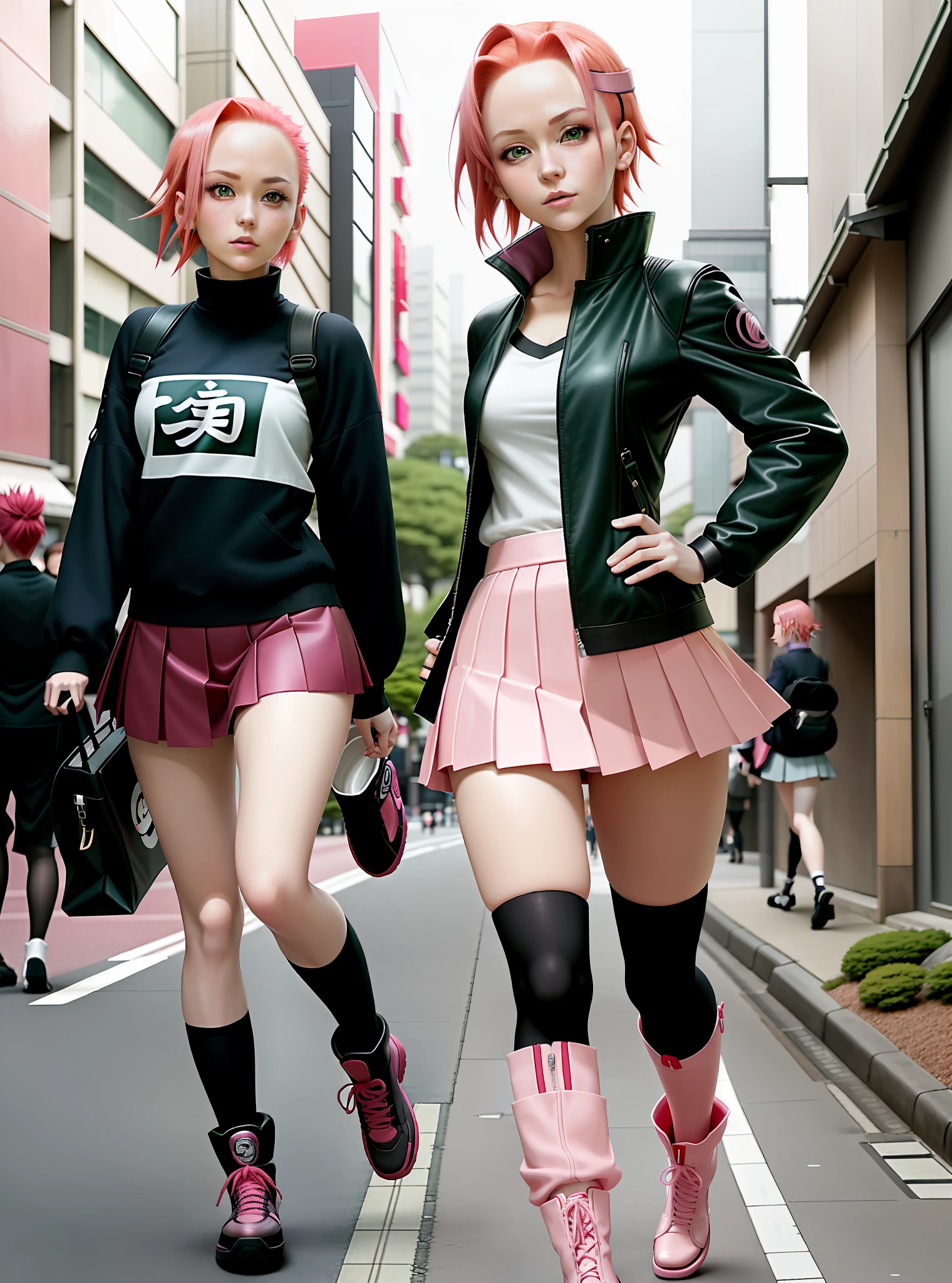Sakura Haruno, seductive, ((forehead show)), attractive, sexy eyes, red hair, pink hair, delicate, young, short hair, detailed face, high resolution, full body, green eyes, from Naruto, clothes short white pleated skirt, stockings and boots on the legs, background sunny day, street modern Japan, dynamic pose, going somewhere, unusual camera angle