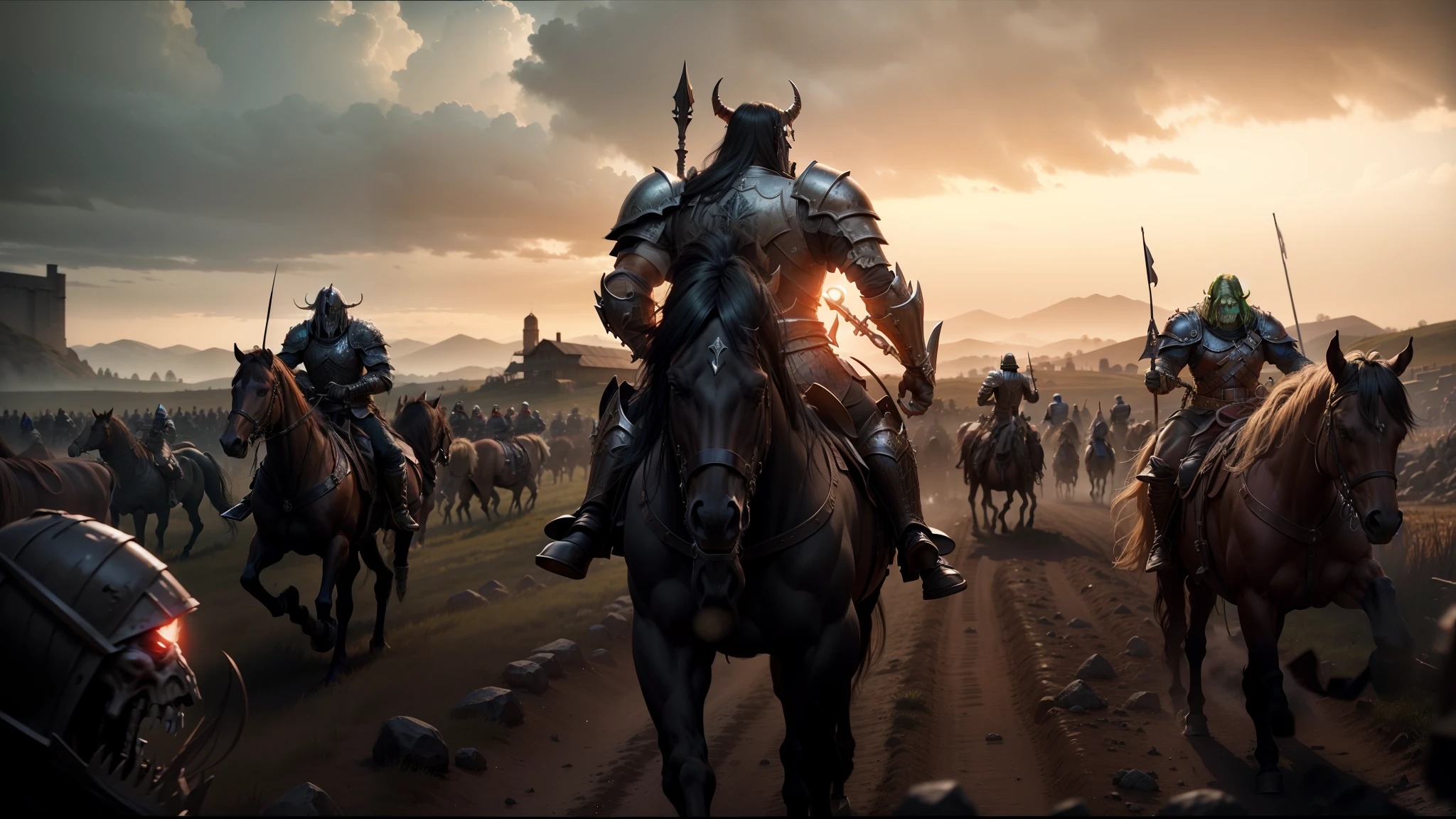 arafed image of a group of people riding horses in a field, elden ring cinematic lighting, undead soldiers in background, heavy metal band promo, animation still screencap, khorne, black shirt underneath armor, an ork, movie trailer, bw 3 d render, rivers of blood, dark castle background