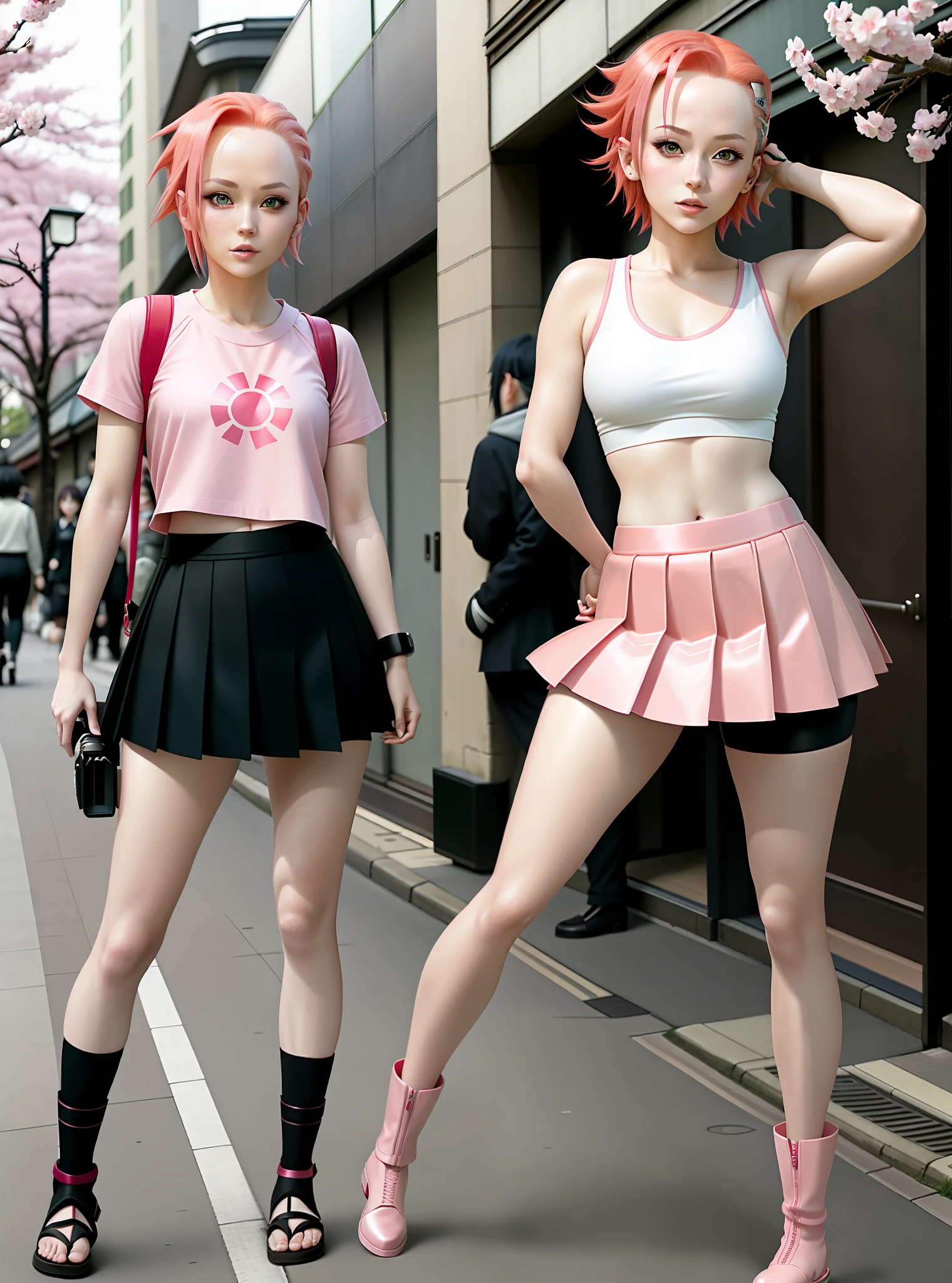 Sakura Haruno, seductive, ((forehead show)), attractive, sexy eyes, red hair, pink hair, delicate, young, short hair, detailed face, high resolution, full body, green eyes, from Naruto, clothes short white pleated skirt, stockings and boots on the legs, background sunny day, street modern Japan, dynamic pose, going somewhere, unusual camera angle