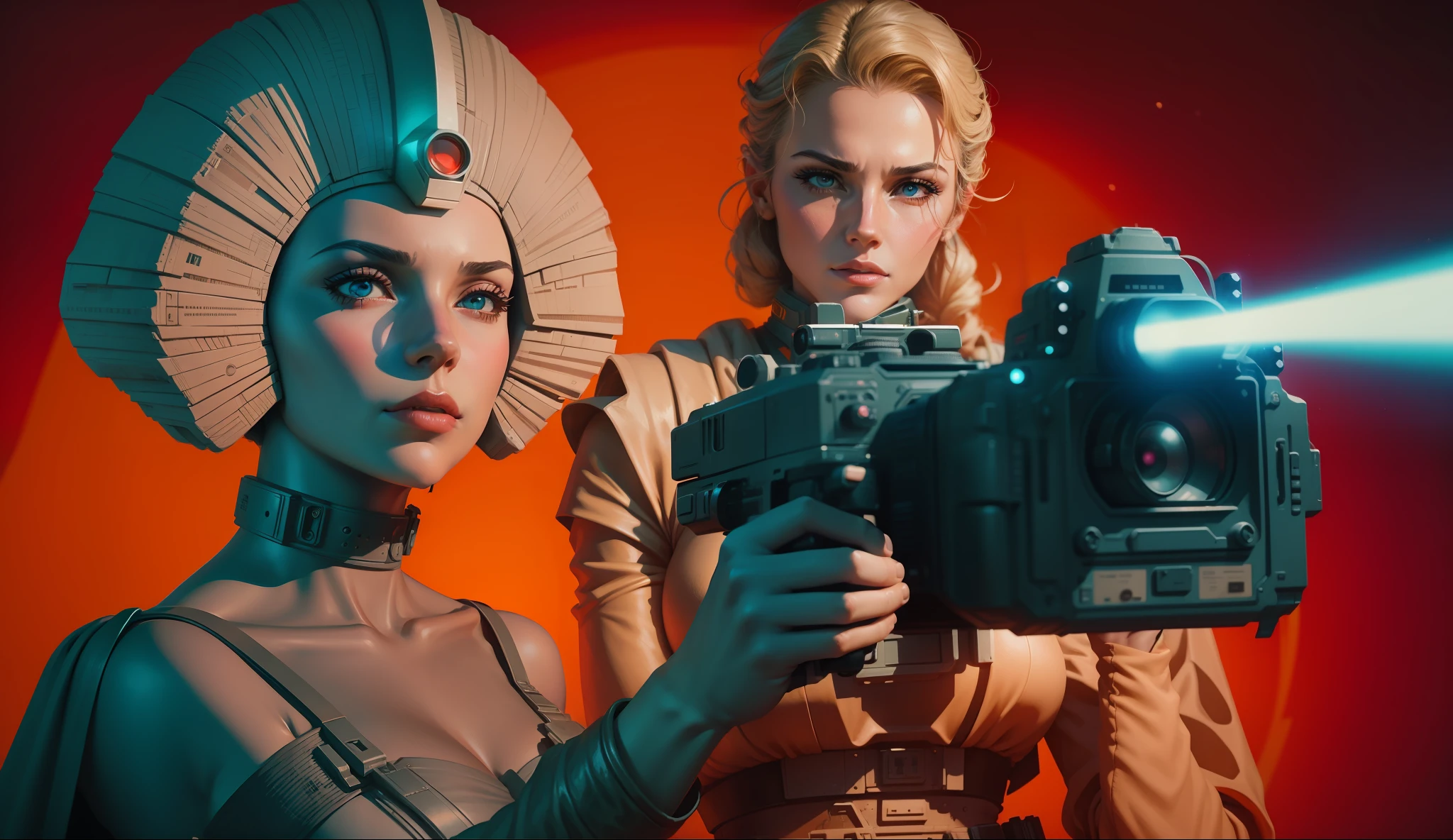 a woman holding a camera next to a statue, poster art by Adam Rex, featured on cg society, retrofuturism, reimagined by industrial light and magic, sci-fi, synthwave