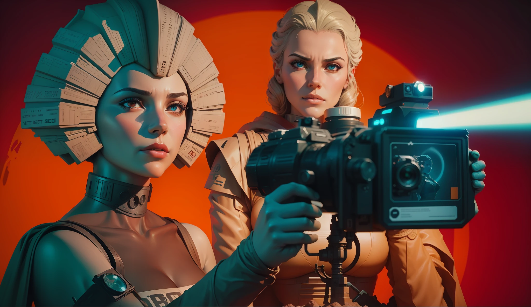 a woman holding a camera next to a statue, poster art by Adam Rex, featured on cg society, retrofuturism, reimagined by industrial light and magic, sci-fi, synthwave