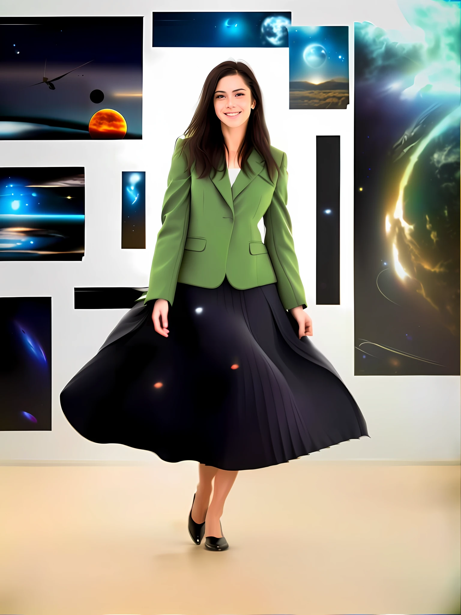 35mm f1.4 Kodak portra 400 photograph, extremely high quality RAW photograph, a therapist is playing with her skirt (in a flirting manner:1.3) on a space station, (shy) authentic (kind and tender) lesbian woman wearing a short blazer with a very very detailed (long (fully pleated) full circle skirt) and (simple) low heeled office shoes, very very intricate hyper-detailed symmetric (attractive graceful young feminine face) with (sad, tired) eyes and a (flirty smile:1.3), full of empathy and compassion and love, (pronounced feminine features:1,3), big boobs, large breasts, shirtless, topless, (highly detailed ultra accurate realistic) hands and fingers, ((windy conditions and wind blowing)), epic composition, highly detailed attributes, highly detailed atmosphere, detailed background, intricate, Exquisite details and textures, highly detailed, deep space station secret operations active background