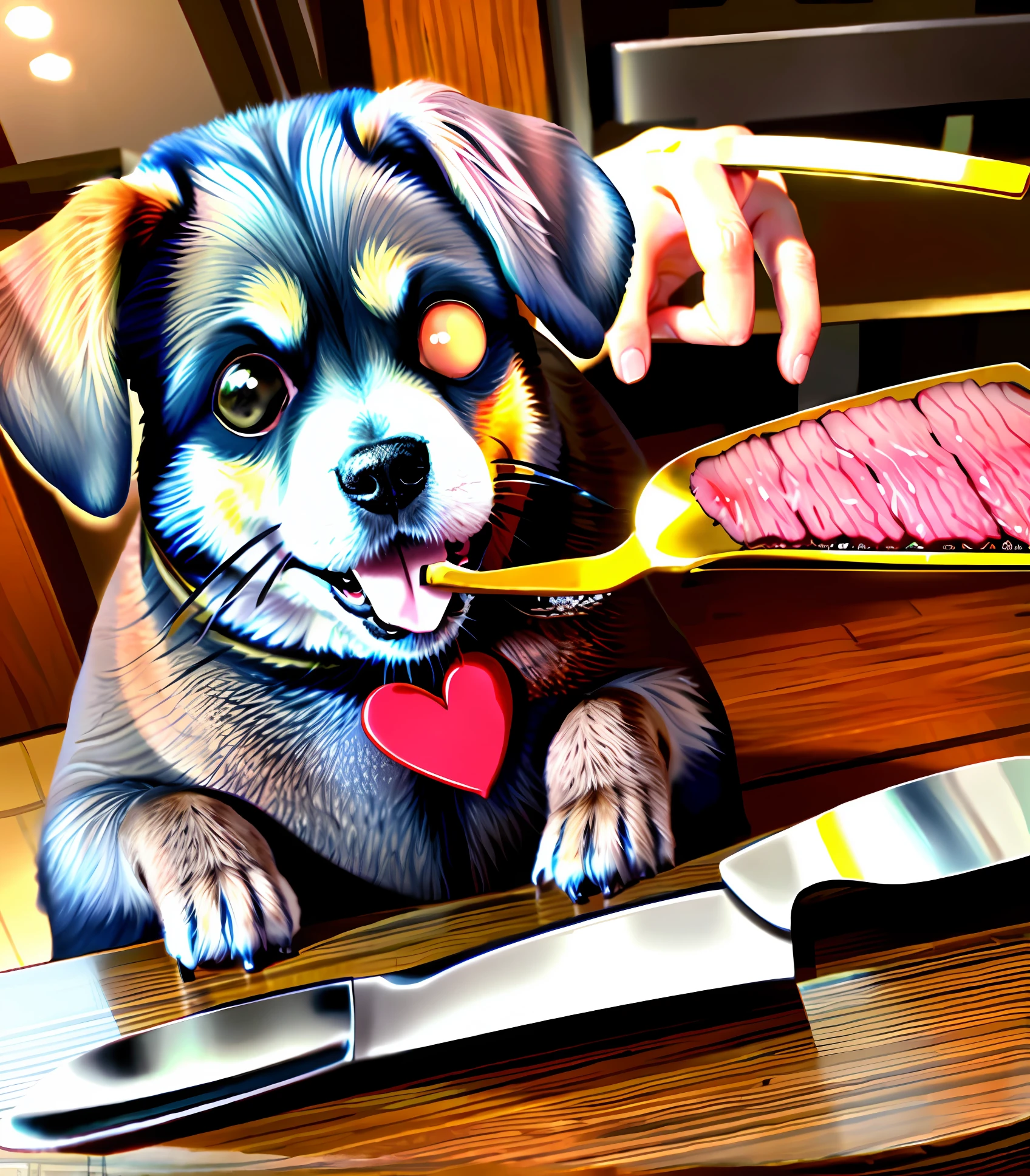 Dog eating a steak with fork and knife