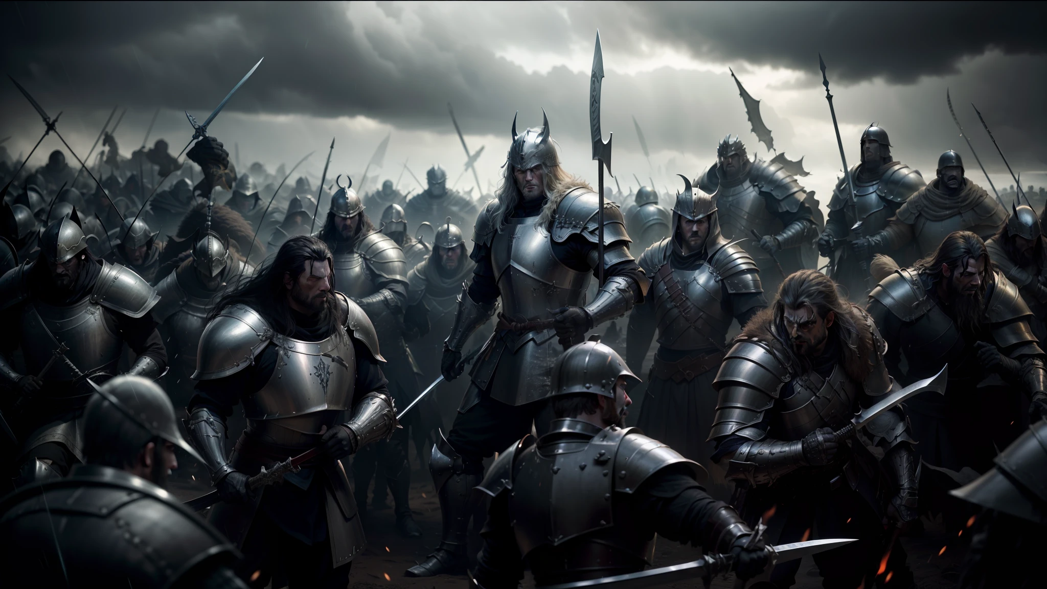 arafed image of a group of men in armor with swords, cinematic widescreen shot, by Karel Havlíček, rows of razor sharp teeth, 3d cinematic lighting, inspired by István Szőnyi, rain of blood, standing on the field of battle, by Ivan Meštrović, orcs, promotional render