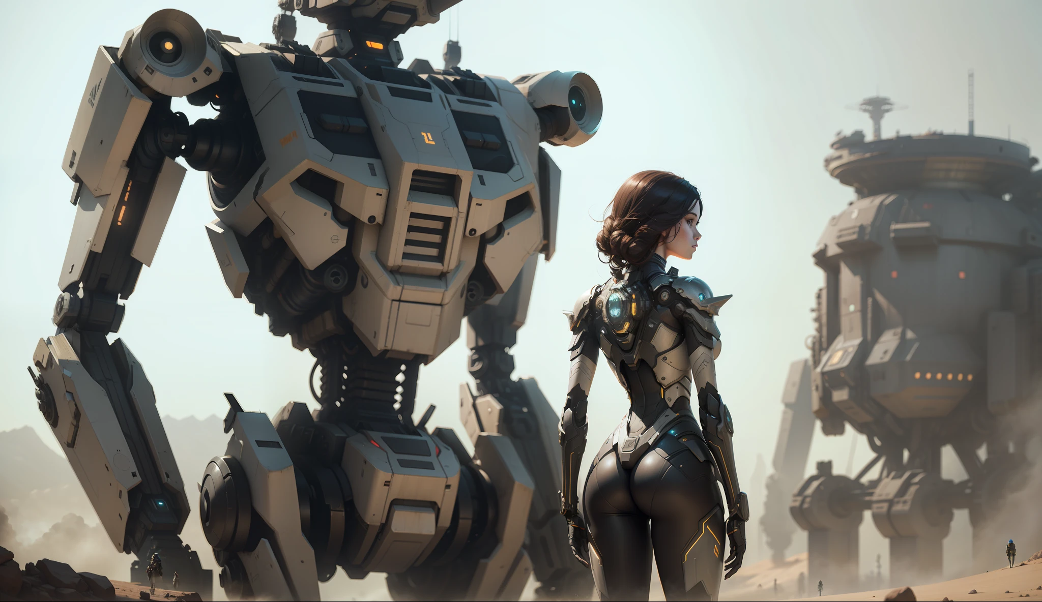 a woman standing in front of a giant robot, concept art by James Paick, cgsociety, afrofuturism, unreal engine 5, reimagined by industrial light and magic, cryengine