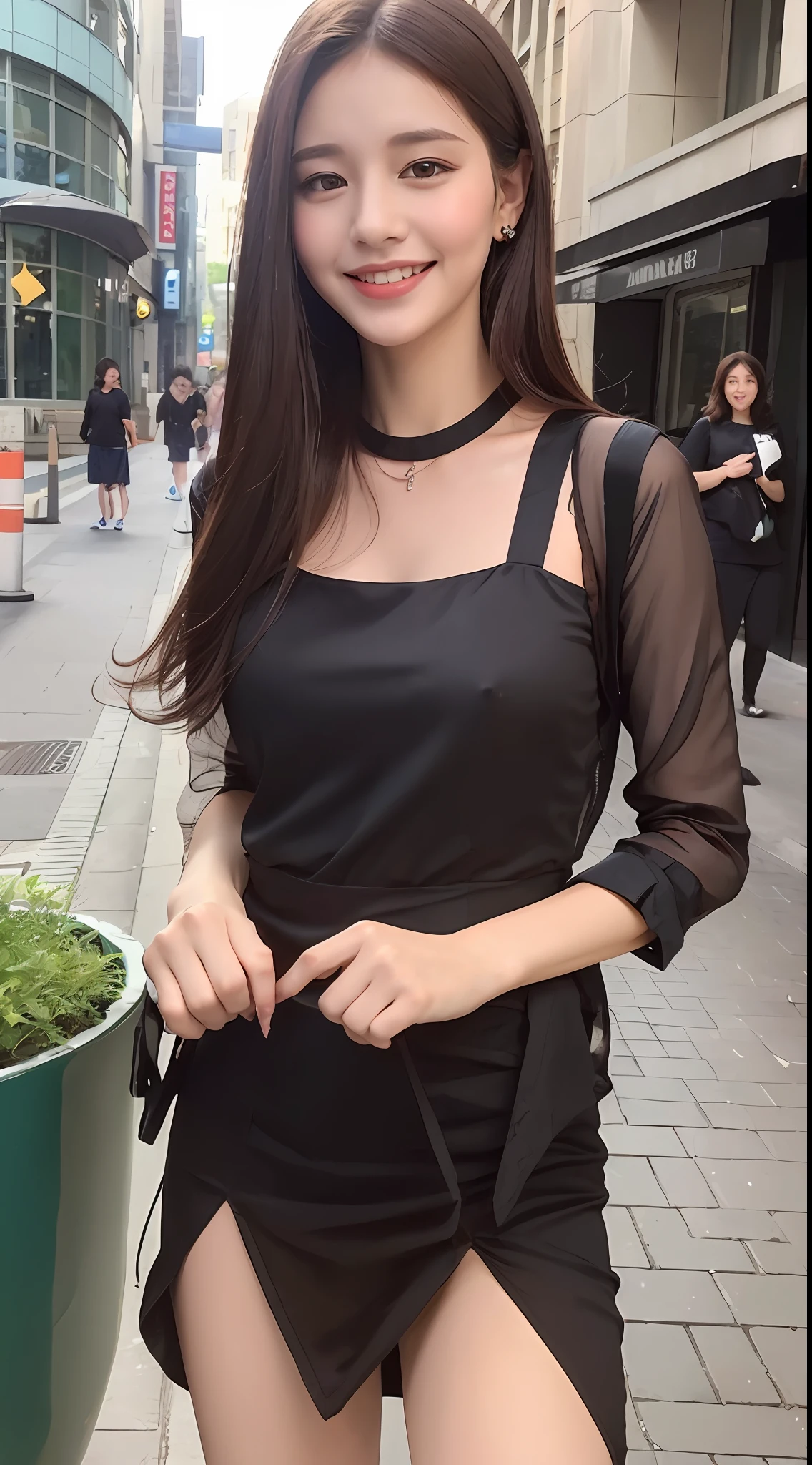 ((Best quality, 8k, Masterpiece :1.3)), 1girl, smiling, full body, slim face, Pretty woman, (Dark brown hair), full length dress :1.1, Ultra-detailed face, Detailed eyes, Double eyelid,  blur background, slim face, city, outside, street,