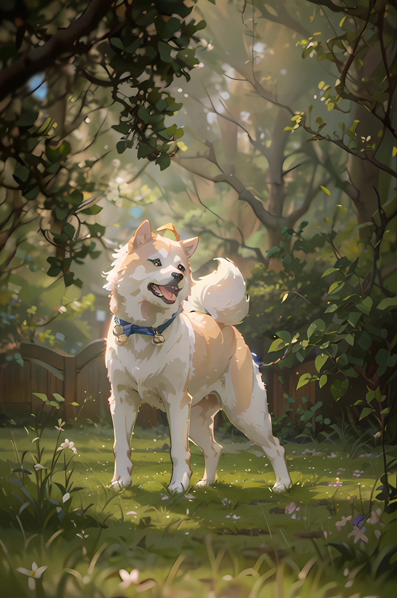 "Japanese anime image, a male Akita inu dog in detailed and delicate style, flowers, with vibrant lighting and realistic shadows, high quality, 8k"