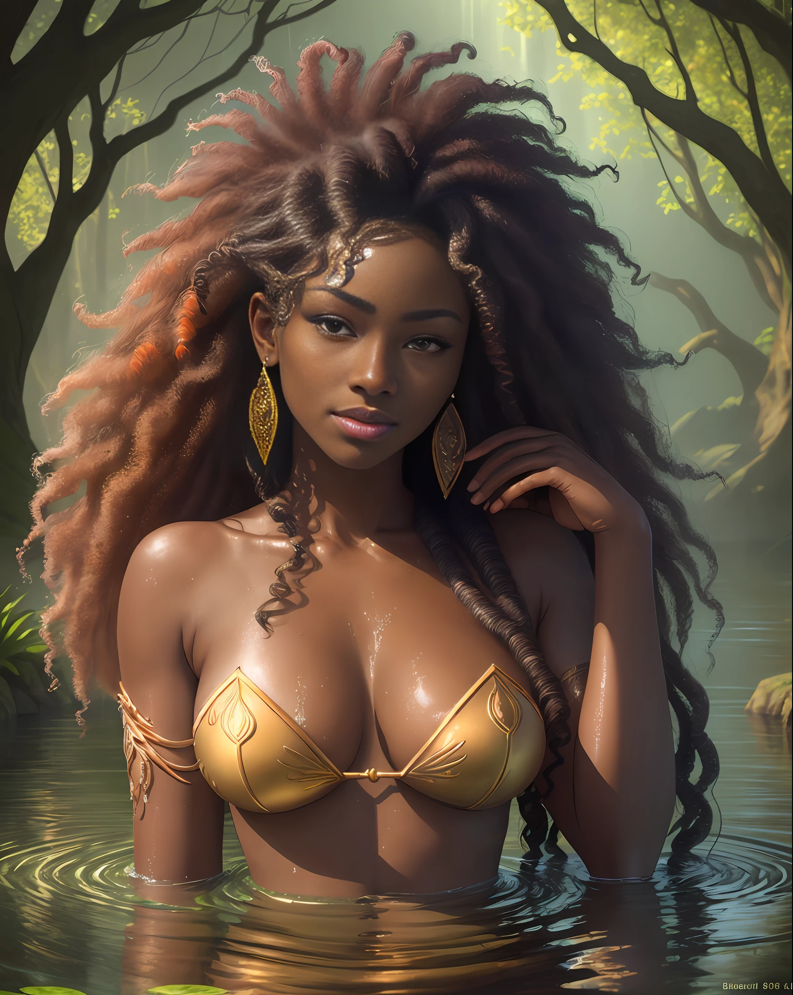 Yetide Badaki, large pointed breasts, chocolate micro bikini, (8k, RAW photo, top quality, masterpiece: 1.2), (realistic, photorealistic: 1.37), wet body, thick legs, wet hair, wet face, wet clothing, beautiful, in the water, diving, submerged, woods, night, rain, wet, sunbeams, professional lighting, photon mapping, strapless, strapless photo, grandeur, crown of branches, leaves, water, natural pond, stones, physics-based rendering, beautiful, high quality photo, high resolution, 1080p, (clear face), (detailed facial description), (detailed hand description), (masterpiece), (elaborate CG), extreme light and shadow, wet hair, masterpiece, rich details, (fine facial features), (highest quality photo), (masterpiece), (detailed eye), look in front of your eyes, kissing face, attractive african goddess woman with Luxuriant afro-textured hair, dark skin, extreme long curly messed hair, extreme rainbow neon rainbow hair, heterochromia eyes, really curly hair, freckles, seductive look
