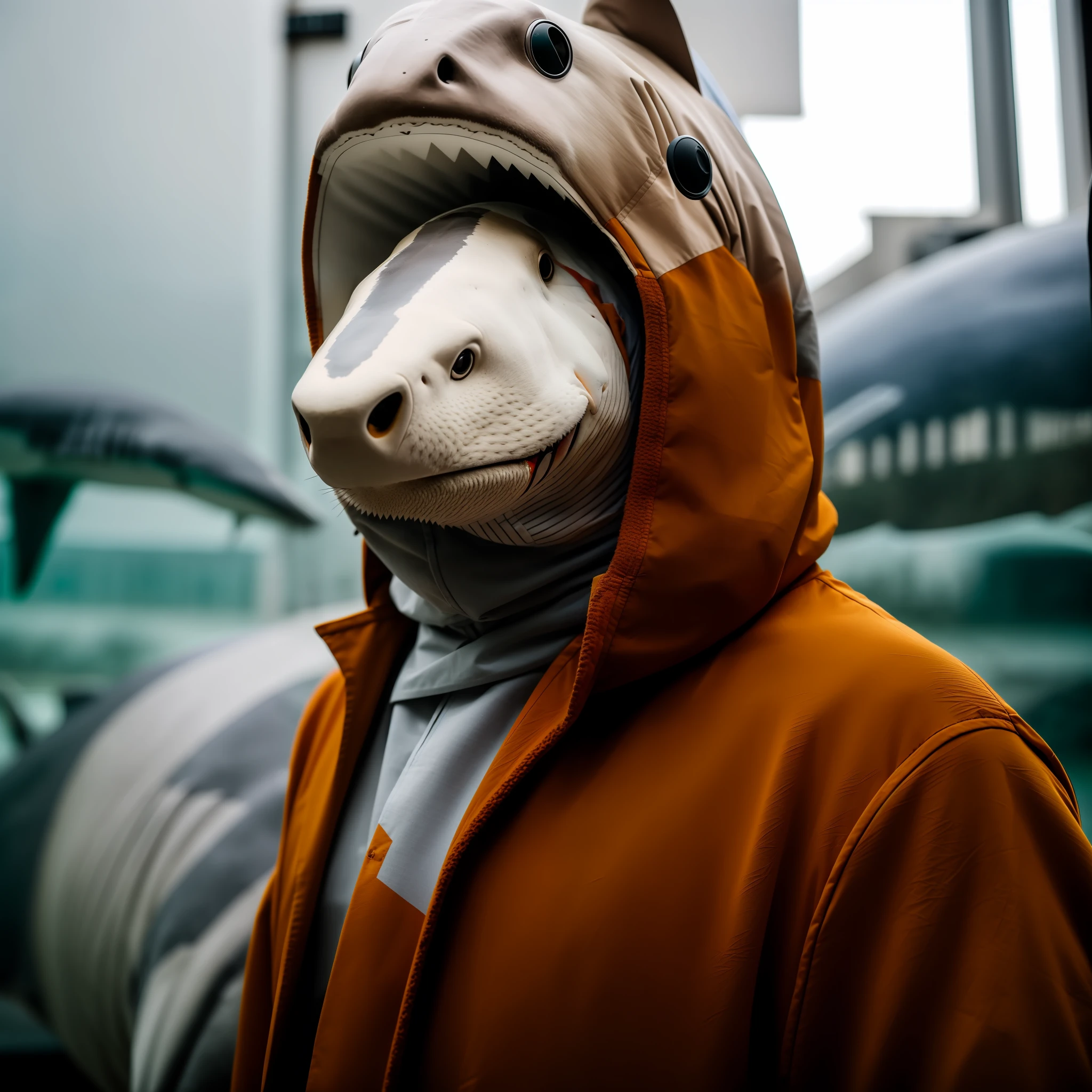 RAW photo, animal, a portrait photo of [man:shark:2] humanoid in clothes, face, 8k uhd, dslr, soft lighting, high quality, film grain, Fujifilm XT3