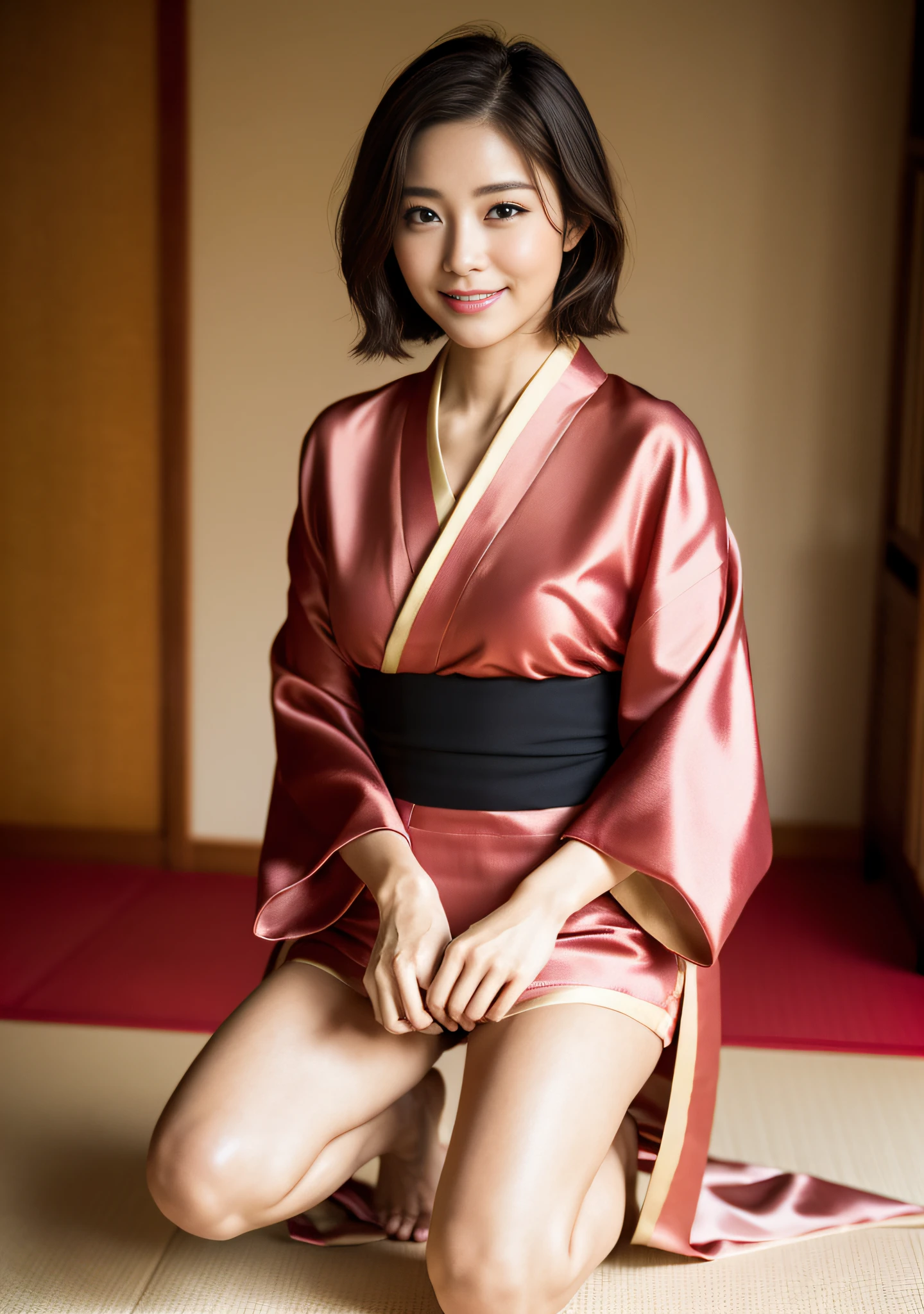 Top Quality, Face Focus, Soft Light, (Depth of Field), Ultra High Resolution, (Photorealistic: 1.4), RAW Photo, (Portrait: 1.4), 1 Japan Girl, Solo, Cute, (Frontal), (Shy, Smile: 1.1), (Brown Eyes), Detailed Beautiful Face, (Short Hair), Japanese-Style Room (Silk Kimono: 1.4), Full Body Shot, Thighs, Squatting, Kneeling, beautiful legs