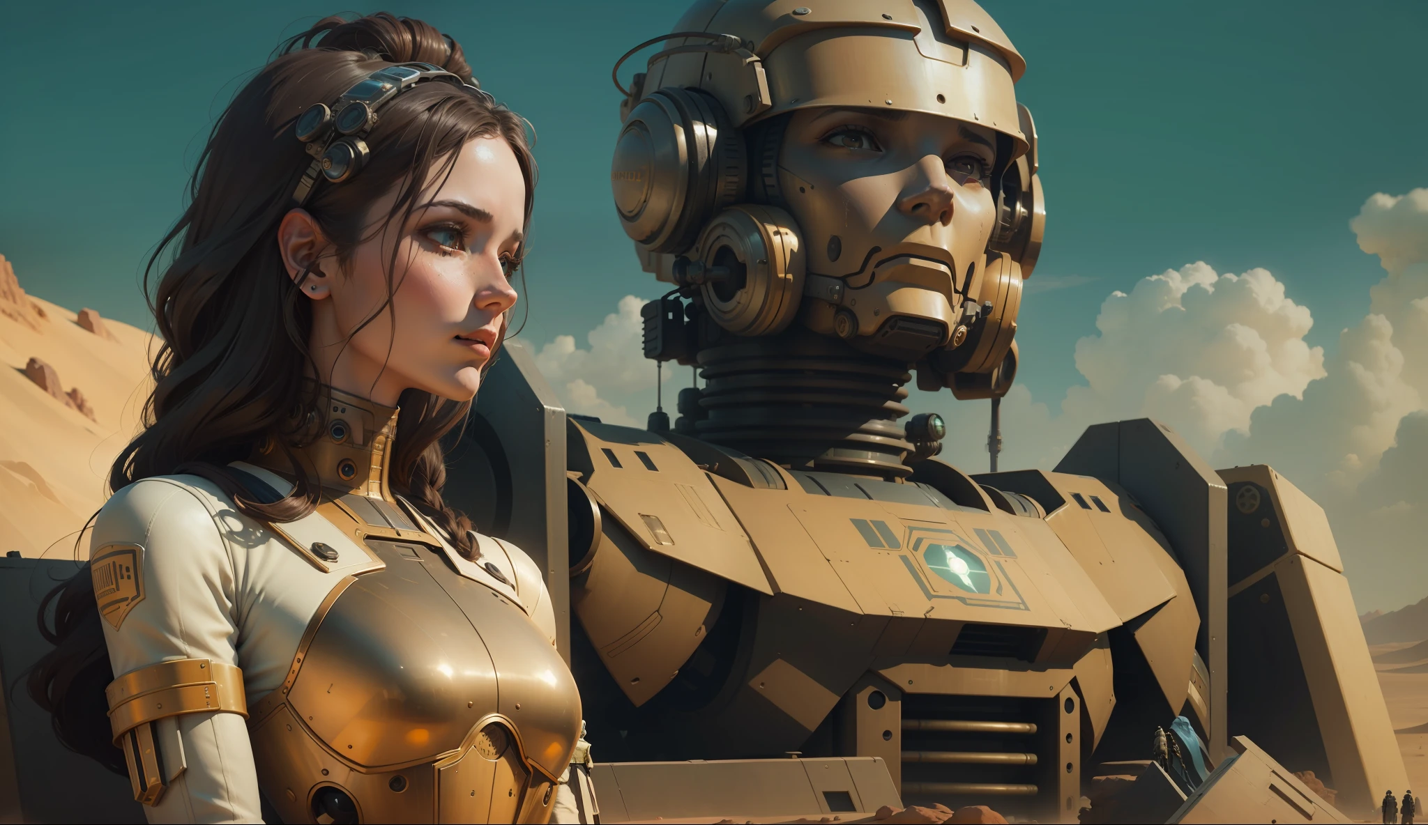 a woman standing next to a robot in a desert, a renaissance painting by Edward George Handel Lucas, featured on cgsociety, retrofuturism, reimagined by industrial light and magic, steampunk, artstation hq