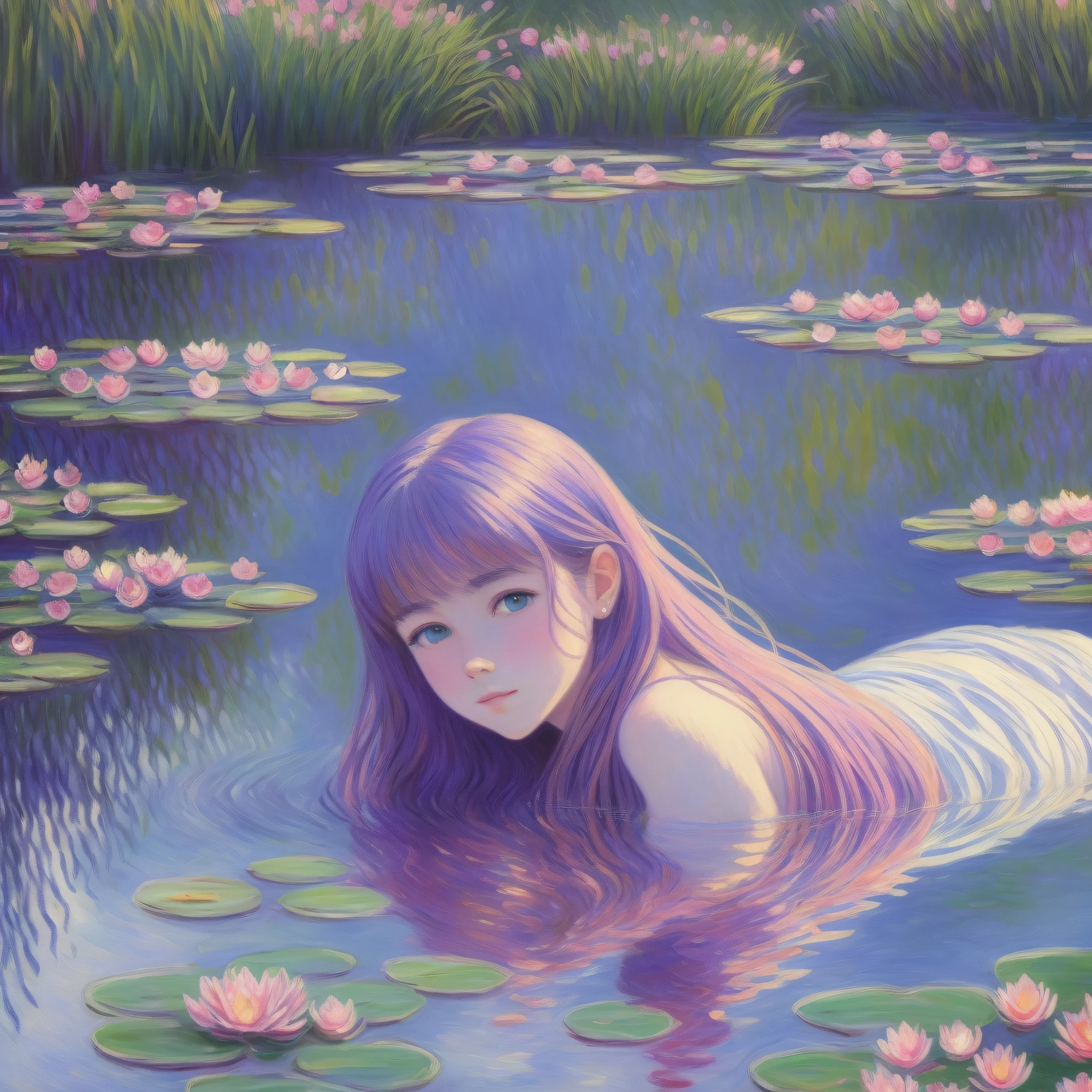 (masterpiece), best quality, ultra-detailed, Claude Monet style, (one girl) portrait, water reflections, water lilies, pink and blue hues, impressionism, blurred edges, delicate brushstrokes, vivid texture, (multicolored_hair:1.2), floating, dreamy atmosphere.