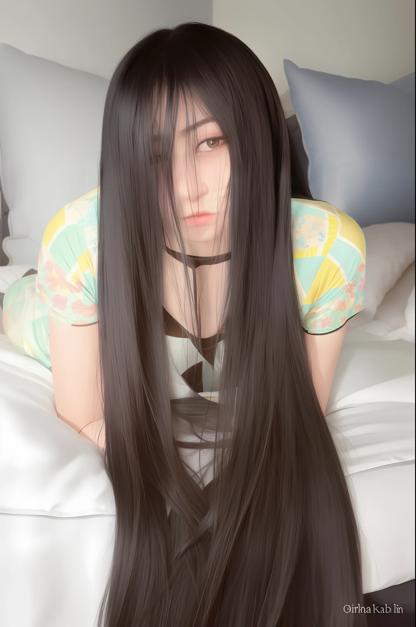 arafed woman laying on a bed with long black hair, with long hair, extremely long hair, very long black hair, long thin black hair, asian girl with long hair, girl with super long hair, long black hair, long flat hair, with long black hair, long black shiny hair, black long hair, with long dark hair