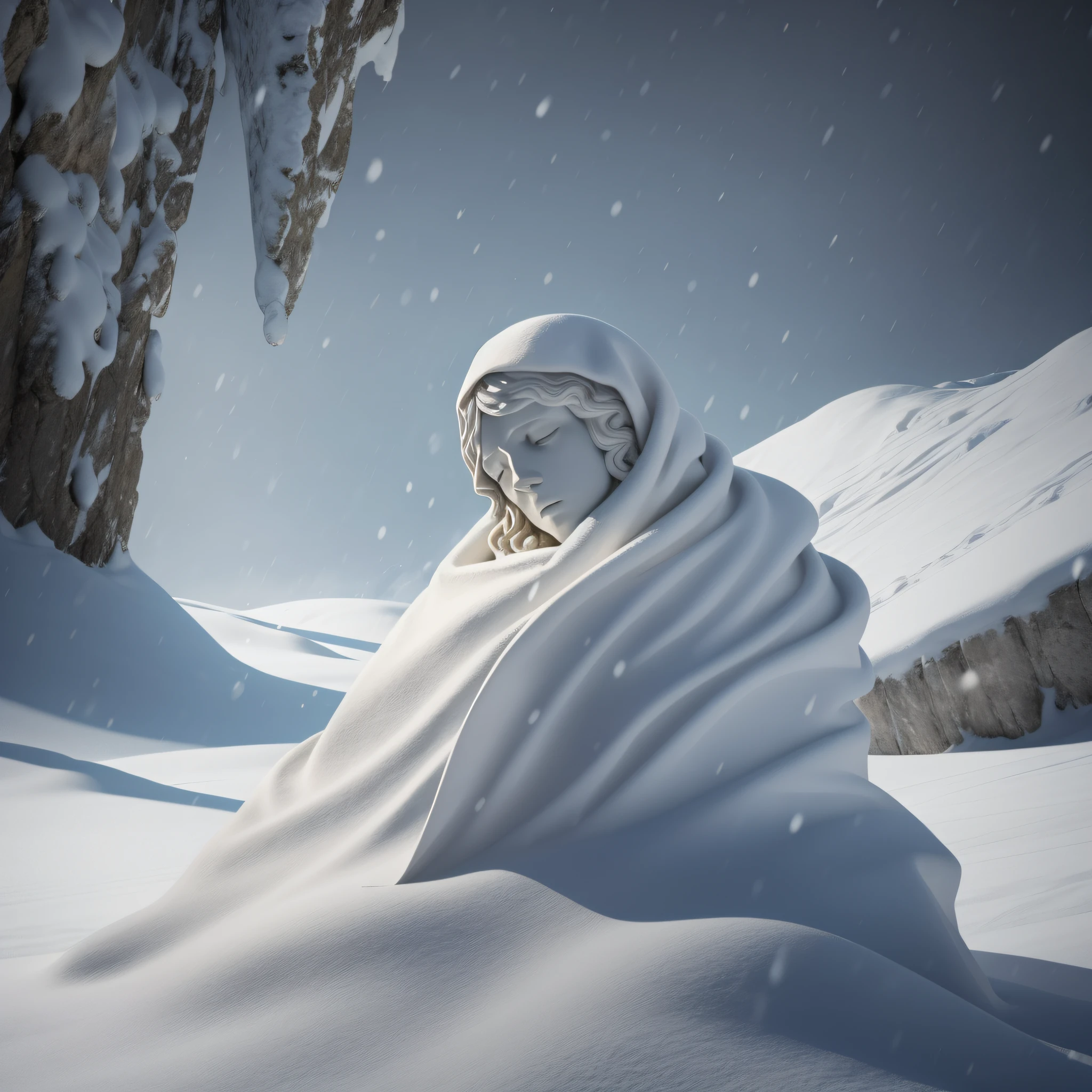 kneeling body draped in sheet, baroque stone statue, on the snow winter terrain, difuse lighting, shy, scared, praying, eyes looking up, cinematic lighting, side view from bottom, anatomically correct, super detail
