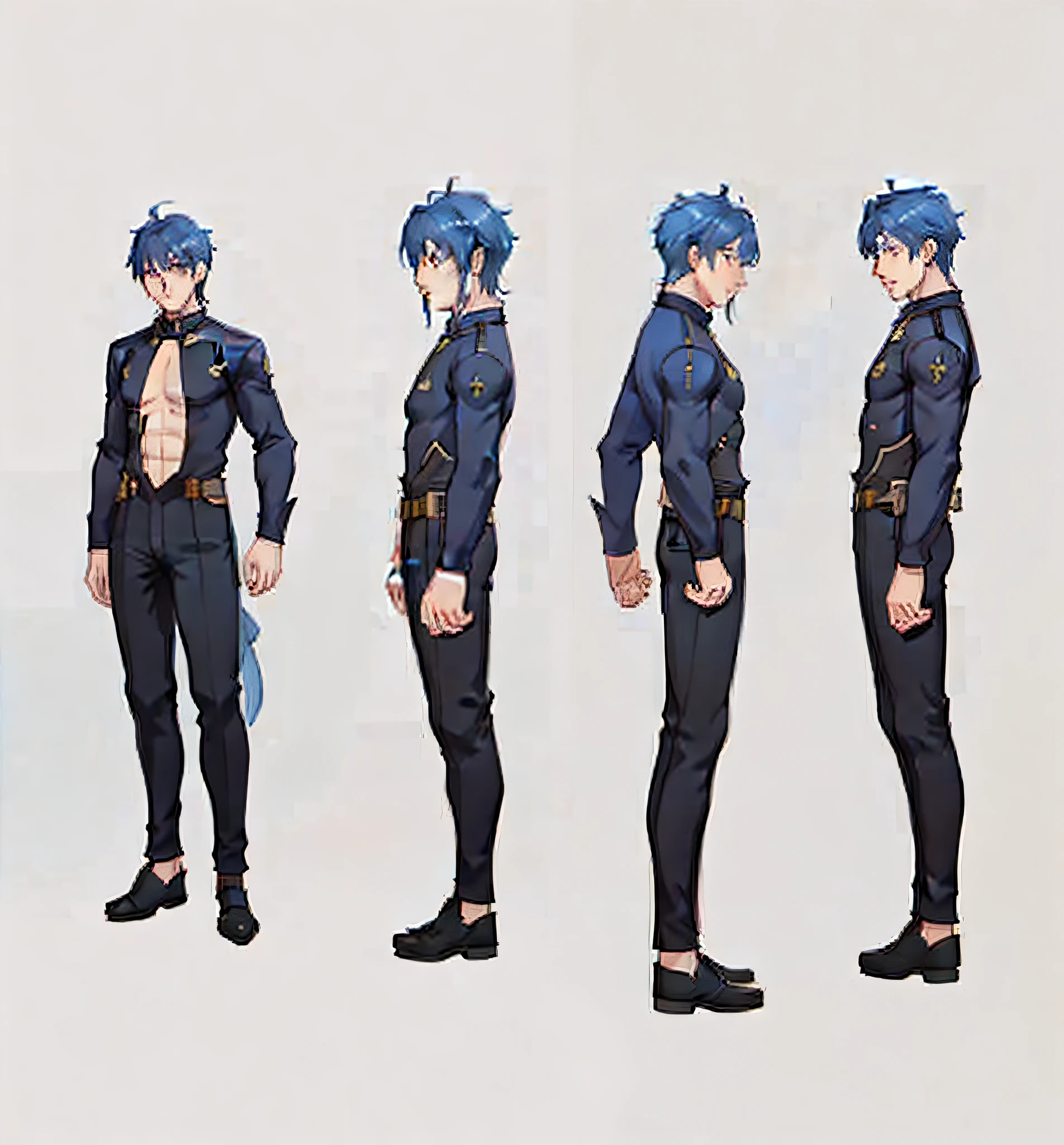 ((masterpiece)),(((best quality)),(character design sheet, same character, front, side, back and profile), illustration, 1 man, blue hair, hair fulfilled, bangs, eyes, environment Scene change, Zitai pose, male, male face, gentle expression, shirtless man, gentle, anime, (single background, white background: 1.3)