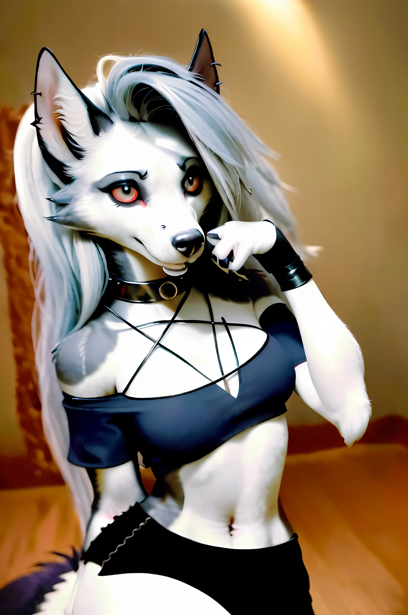 high detail, (photorealistic), realistic, masterpiece, best quality,
((face portrait of a female anthro loona hellhound)), loonacroptop, detailed face, detailed eyes,
(slit pupils), (white eyes), (red sclera), happy, [smile, [spiked collar], pentagram]high