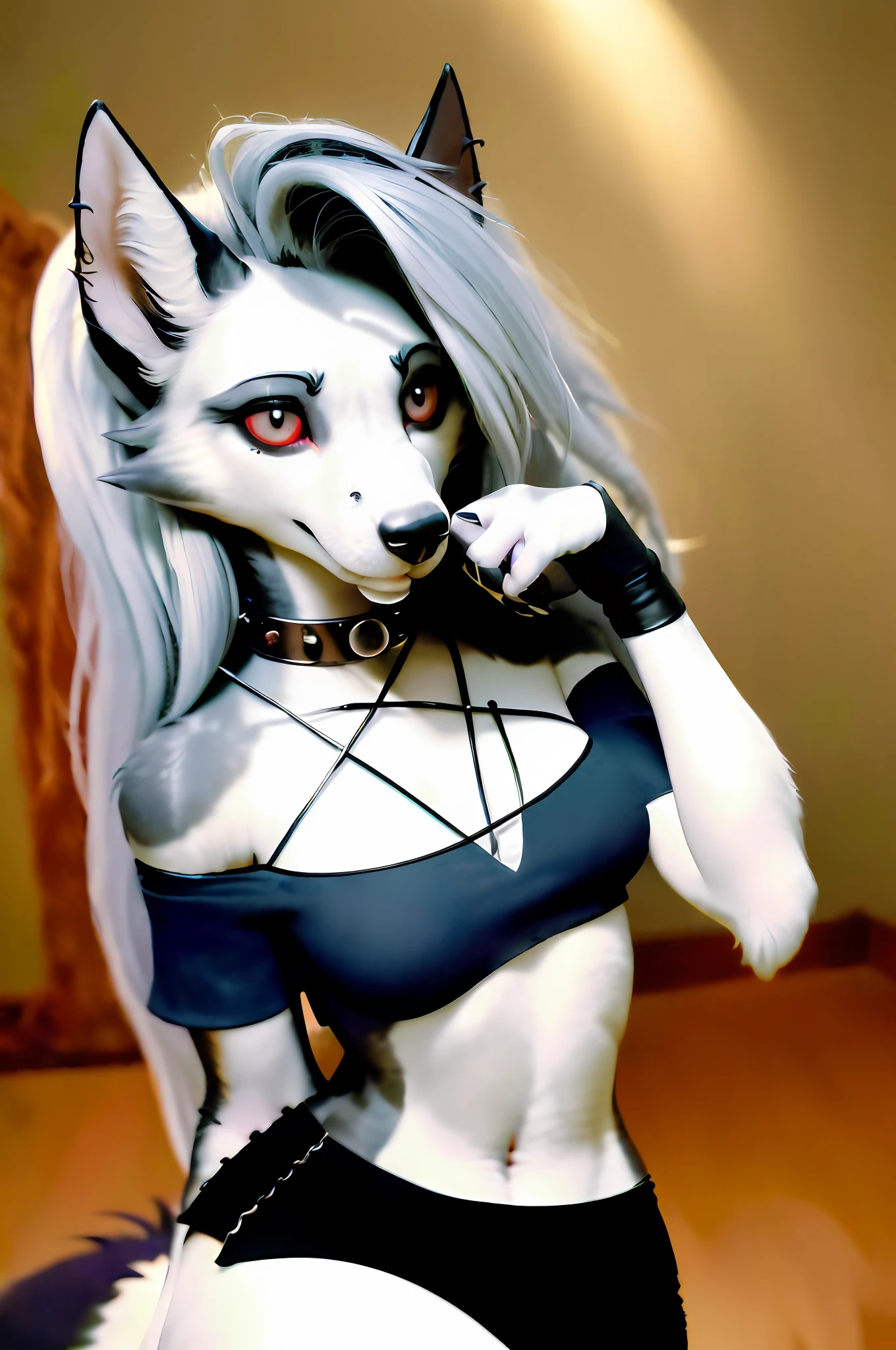 high detail, (photorealistic), realistic, masterpiece, best quality,
((face portrait of a female anthro loona hellhound)), loonacroptop, detailed face, detailed eyes,
(slit pupils), (white eyes), (red sclera), happy, [smile, [spiked collar], pentagram]high