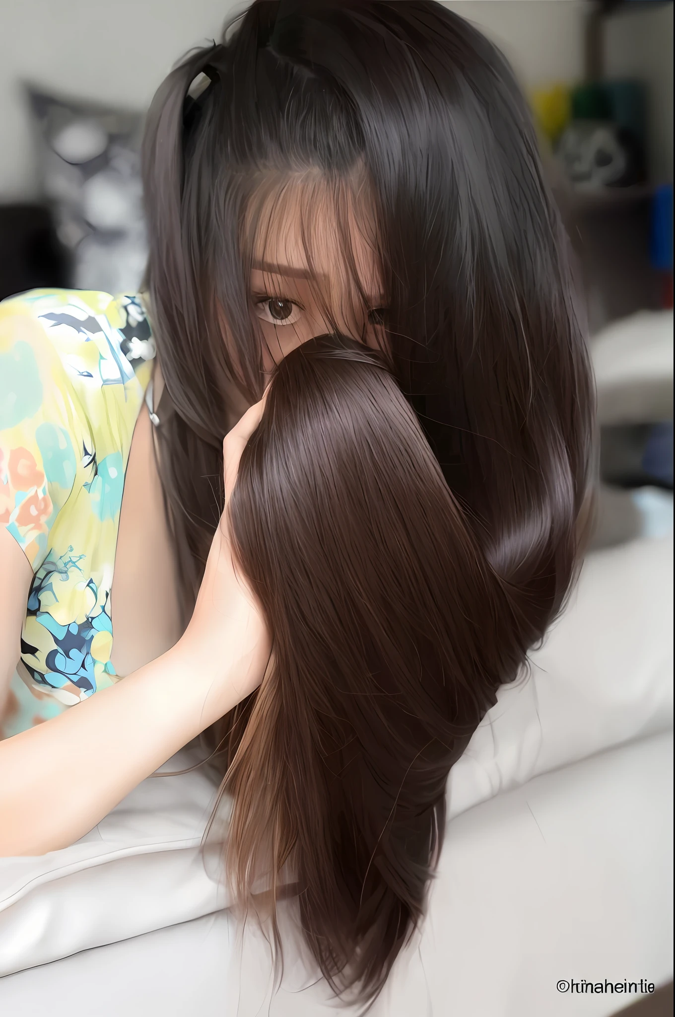 arafed woman laying on a bed with her hair in a ponytail, smooth hair, silky hair, straight stiff dry damaged hair, flat ironed hair, silken hair, long flat hair, silky texture, with long hair, perfect silky straight hair, hair over face, thin lustrous hair, her hair is long and straight, long flowing brown hair