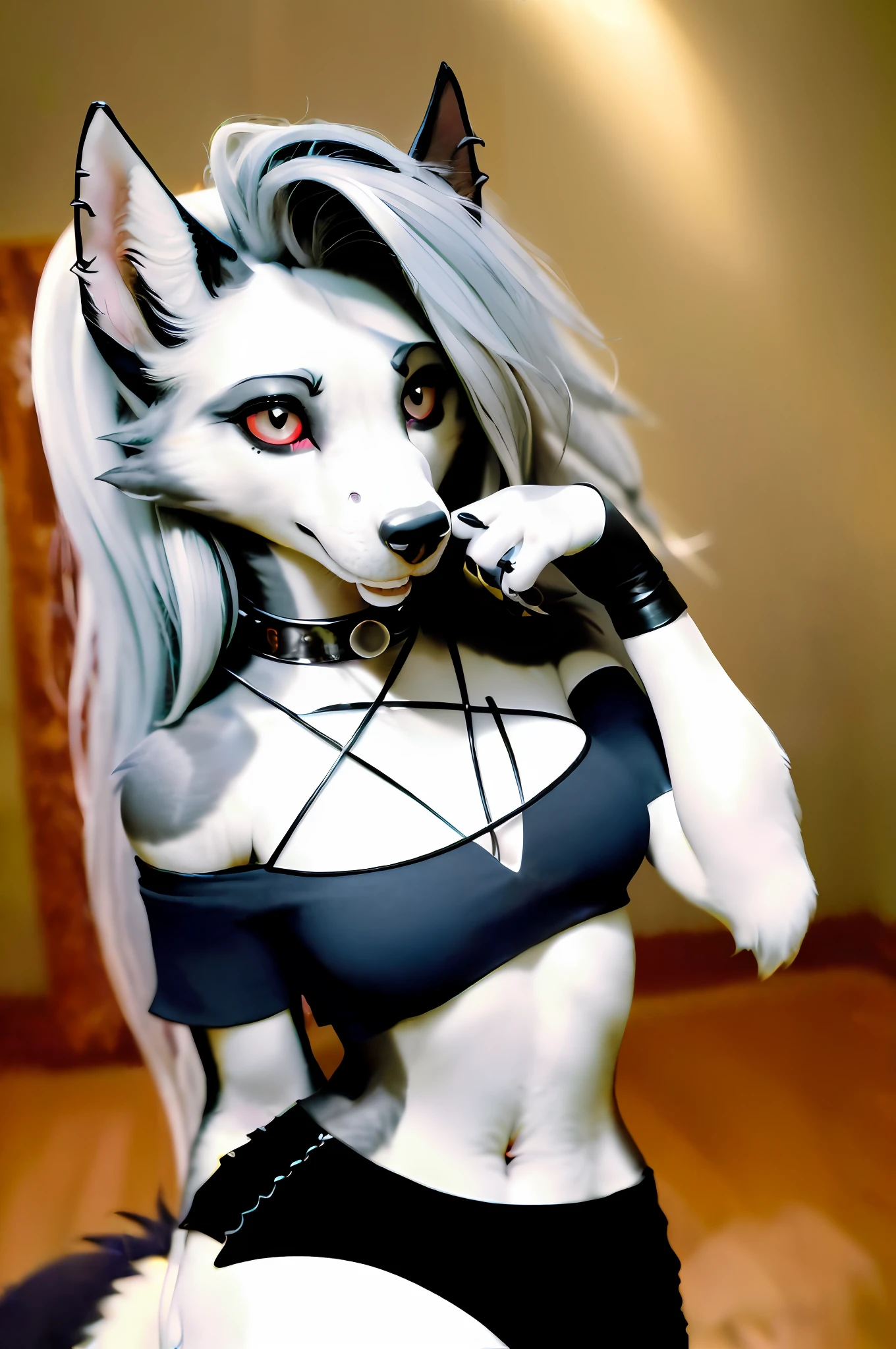 high detail, (photorealistic), realistic, masterpiece, best quality,
((face portrait of a female anthro loona hellhound)), loonacroptop, detailed face, detailed eyes,
(slit pupils), (white eyes), (red sclera), happy, [smile, [spiked collar], pentagram]high