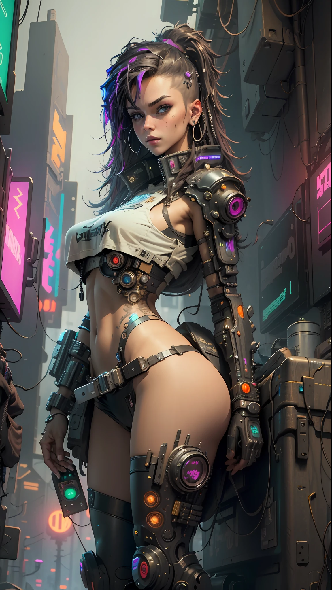 ((Best quality)), ((masterpiece)), (highly detailed:1.3), 3D, beautiful (cyberpunk:1.3) hacker woman with thick voluminous hair operating a computer terminal