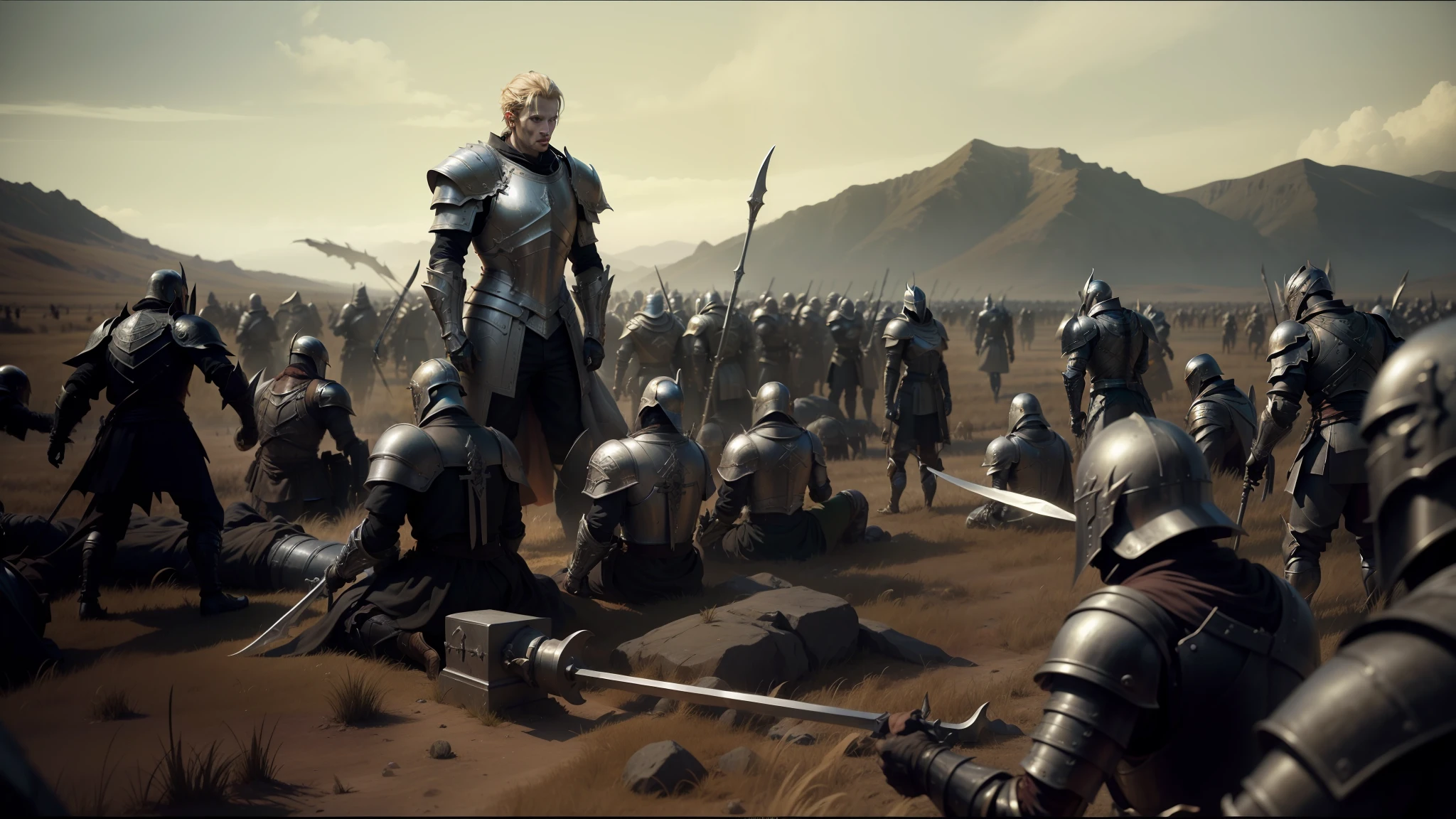 arafed image of a man in armor standing in a field of soldiers, matte painting unreal engine, darksouls concept art, in screenshot from the 300 movie, elvish blonde male warrior, judgment day, black and white artwork, in formation, epic diptych, cgsociety )