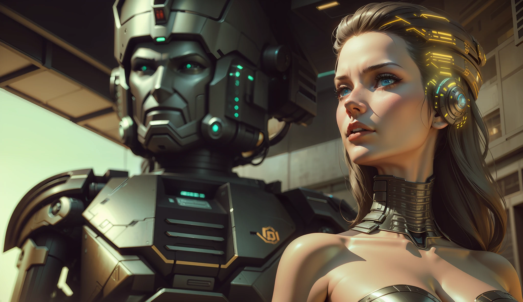 a woman standing next to a robot in front of a building, computer graphics by Raymond Swanland, cgsociety, retrofuturism, daz3d, unreal engine 5, reimagined by industrial light and magic