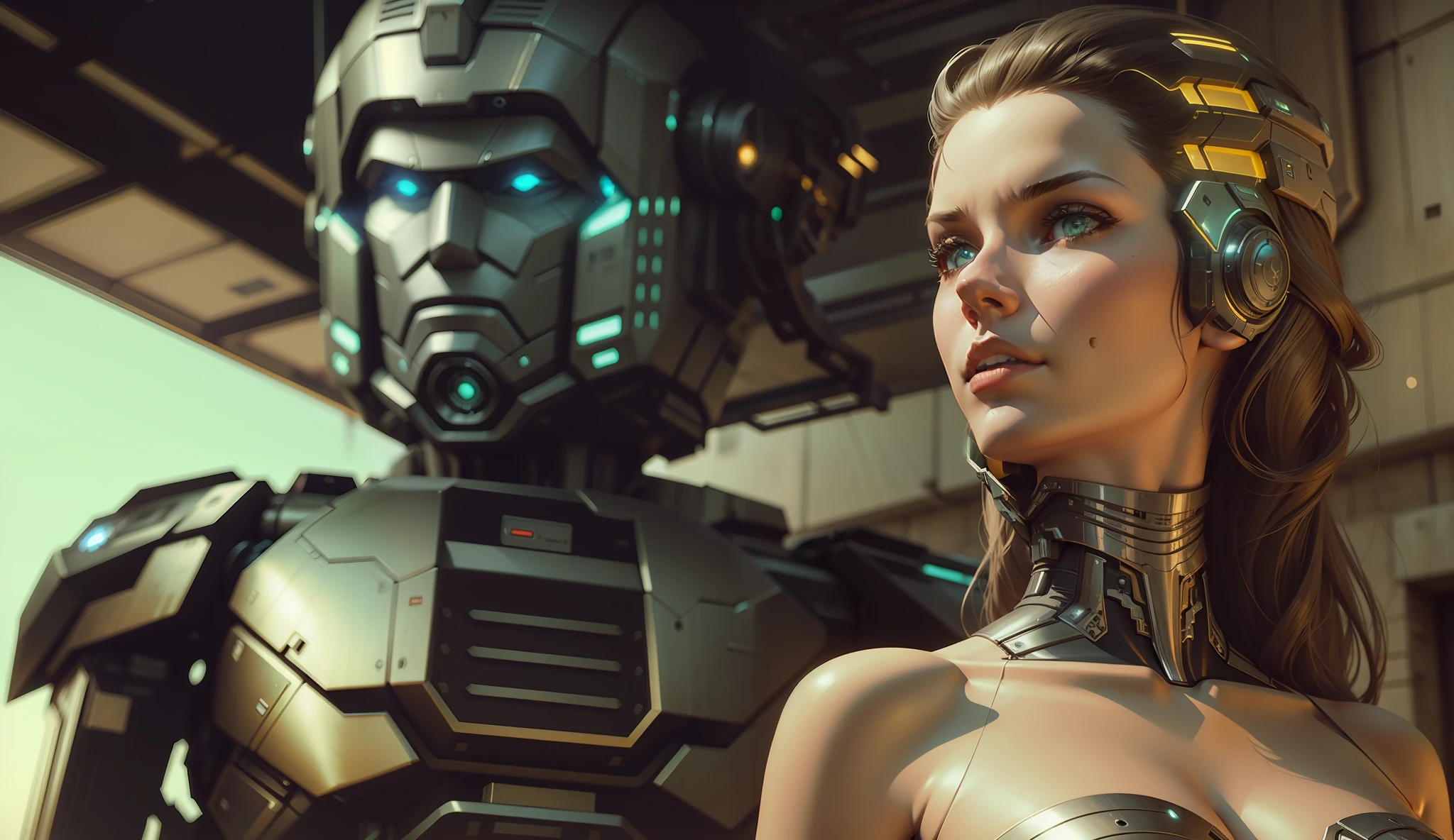 a woman standing next to a robot in front of a building, computer graphics by Raymond Swanland, cgsociety, retrofuturism, daz3d, unreal engine 5, reimagined by industrial light and magic