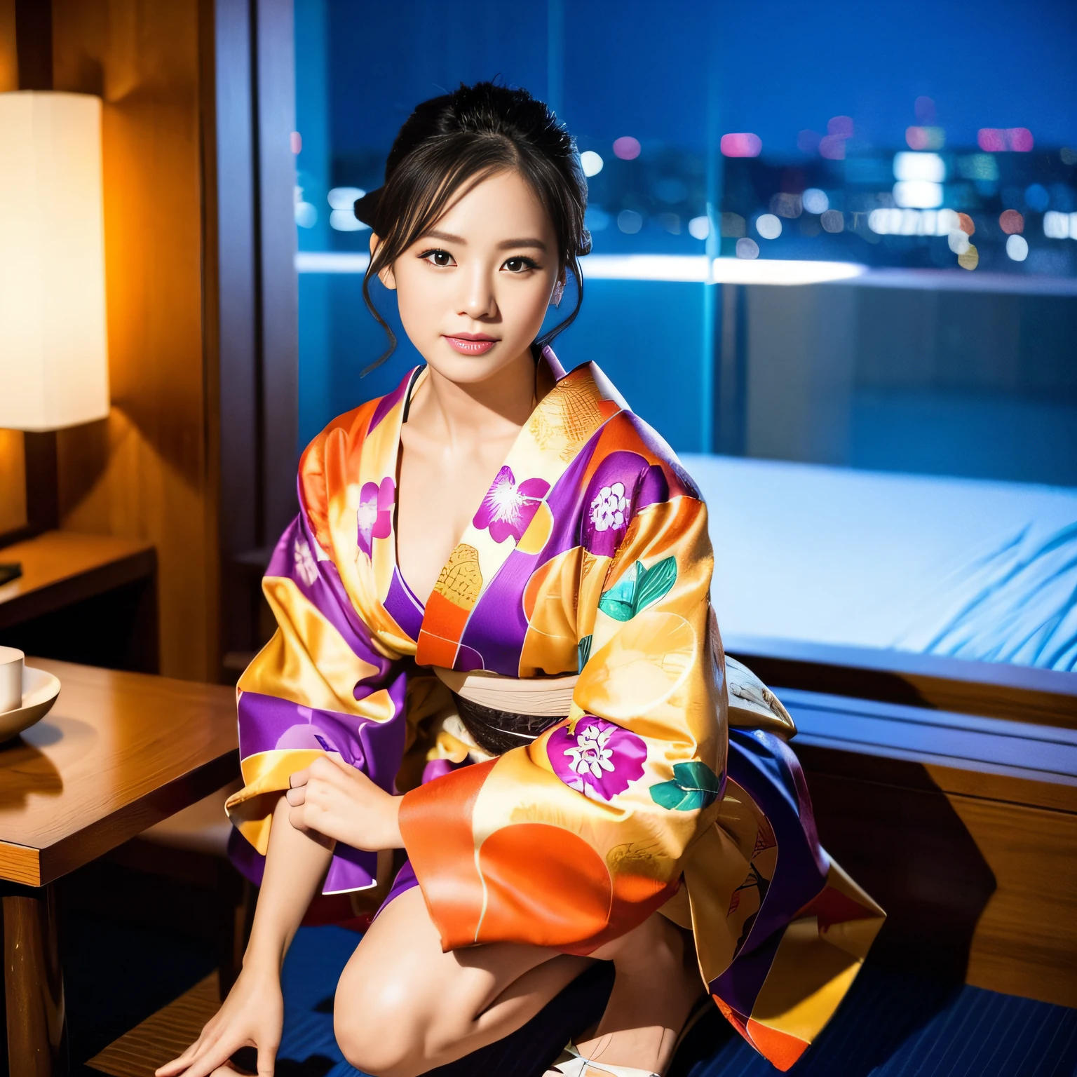 Woman posing in photo (kimono_clothes clothes, colorful dress: 1.3), yukata,
Good hands, 4K, high resolution, masterpiece, top quality, head: 1.3, (((Hasselblad photo)), fine skin, sharp focus, (film lighting), collarbone, night, soft lighting, dynamic angle, [:( detail face: 1.2):0.2], (((5 star hotel))), outside, full body shot, thighs, squatting, kneeling, beautiful legs