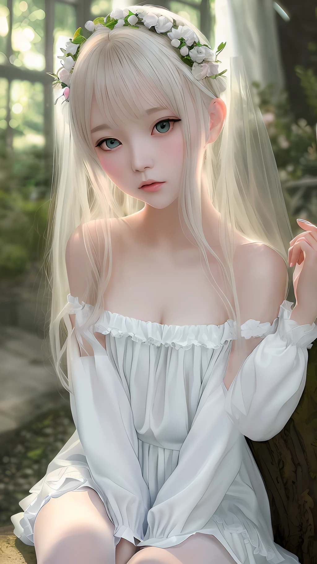 ecchi anime ethereal girl soft porcelain blonde hair off shoulders, green eyes, tight white clothes, sitting with hand on chin, pantyhose, light, ta fashion, thighs, full body, showing feet, fantasy forest, art by wlop, ecchi, (small chest), artstation, trends, ultra HD, 4k, detailed anatomy, (glossy skin), ((oiled skin)), dramatic lighting, high contrast, kawaii, skin indentation, delicate, unreal engine high quality 5 , very delicate, ultra realistic style, detailed face, flower accessory, soft pastel background color, art by sakimichan, (big bust), ecchi, uncovered