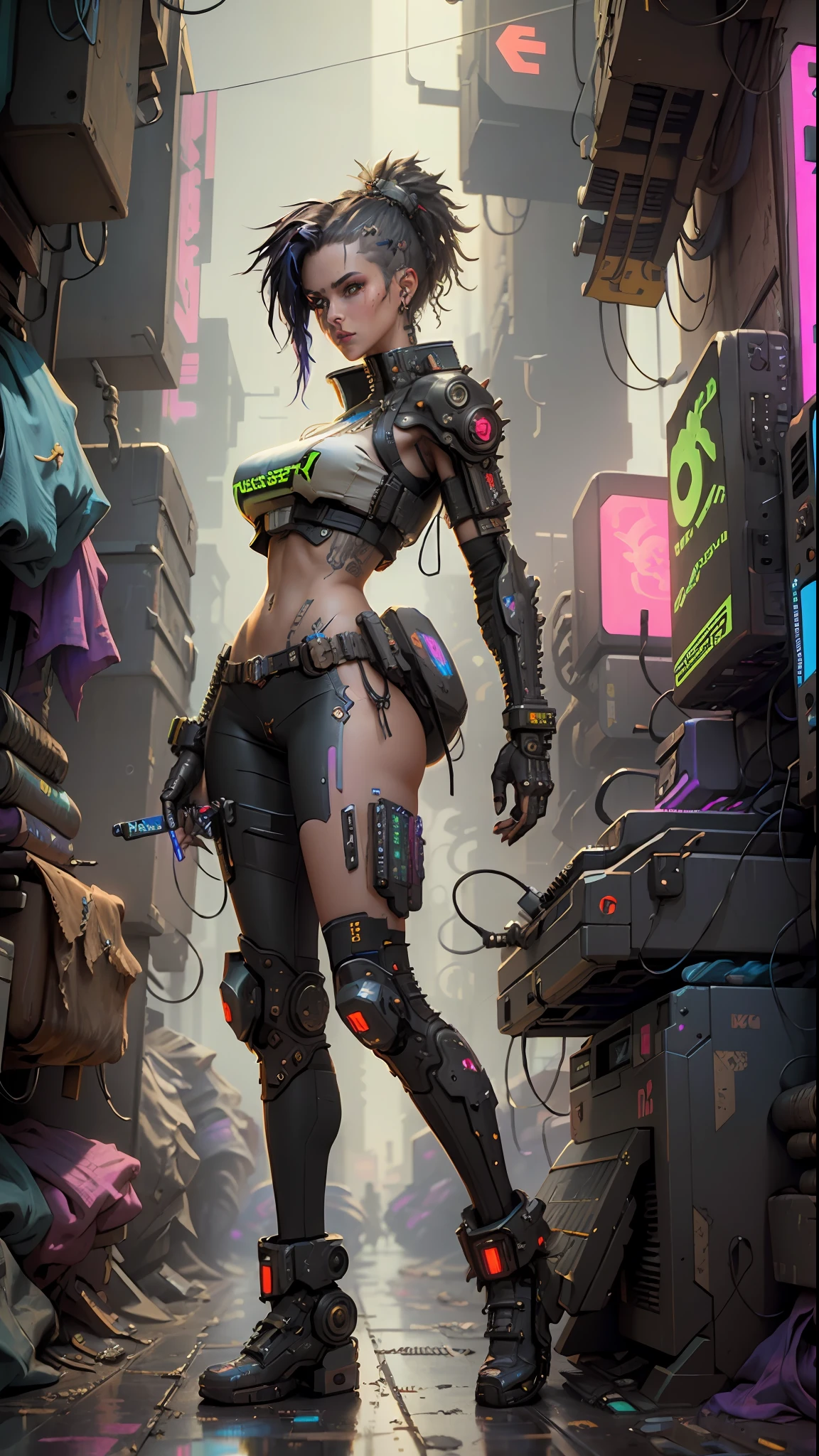 ((Best quality)), ((masterpiece)), (highly detailed:1.3), 3D, beautiful (cyberpunk:1.3) hacker woman with thick voluminous hair operating a computer terminal