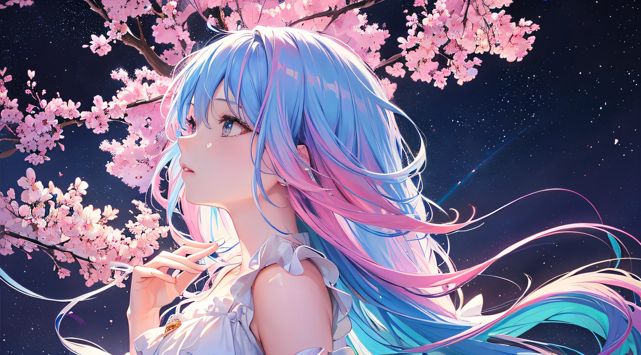 (masterpiece, top quality, best quality, watercolor (medium), official art, beautiful and aesthetic:1.2), (1girl:1.3), (fractal art:1.3), upper body, from side, looking up afar, character focus, patterns, (extreme long hair, rainbow color Hair, colorful hair, half blue and half pink hair:1.2), water, liquid,  cloud, colorful, starry, stars, wind, storm, bubble, floating, floating hairs, magic scene, best lighting, best shadow, large-breasted, action painting, dynamic drawing, cherry blossom, floating cherry blossom,