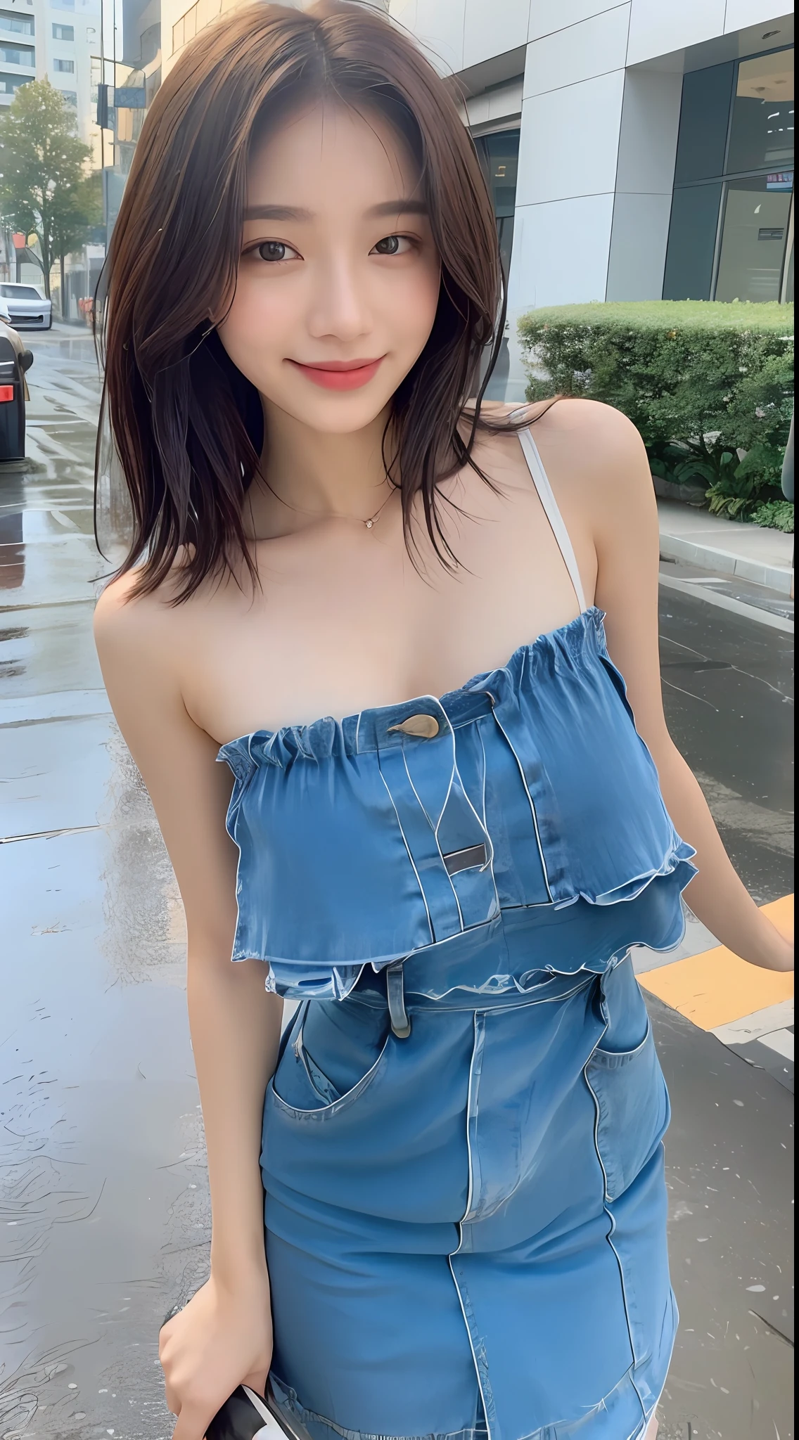 ((Best Quality, 8K, Masterpiece:1.3)), Focus: 1.2, Perfect Body Beauty: 1.4, Buttocks: 1.2, ((Layered Haircut, Breasts: 1.2)), (Wet Clothes: 1.1), (Rain, Street:1.3), Bandeau Dress: 1.1, Highly Detailed Face and Skin Texture, Fine Eyes, Double Eyelids, Whitening Skin, Long Hair, (Shut Up: 1.3), Smile